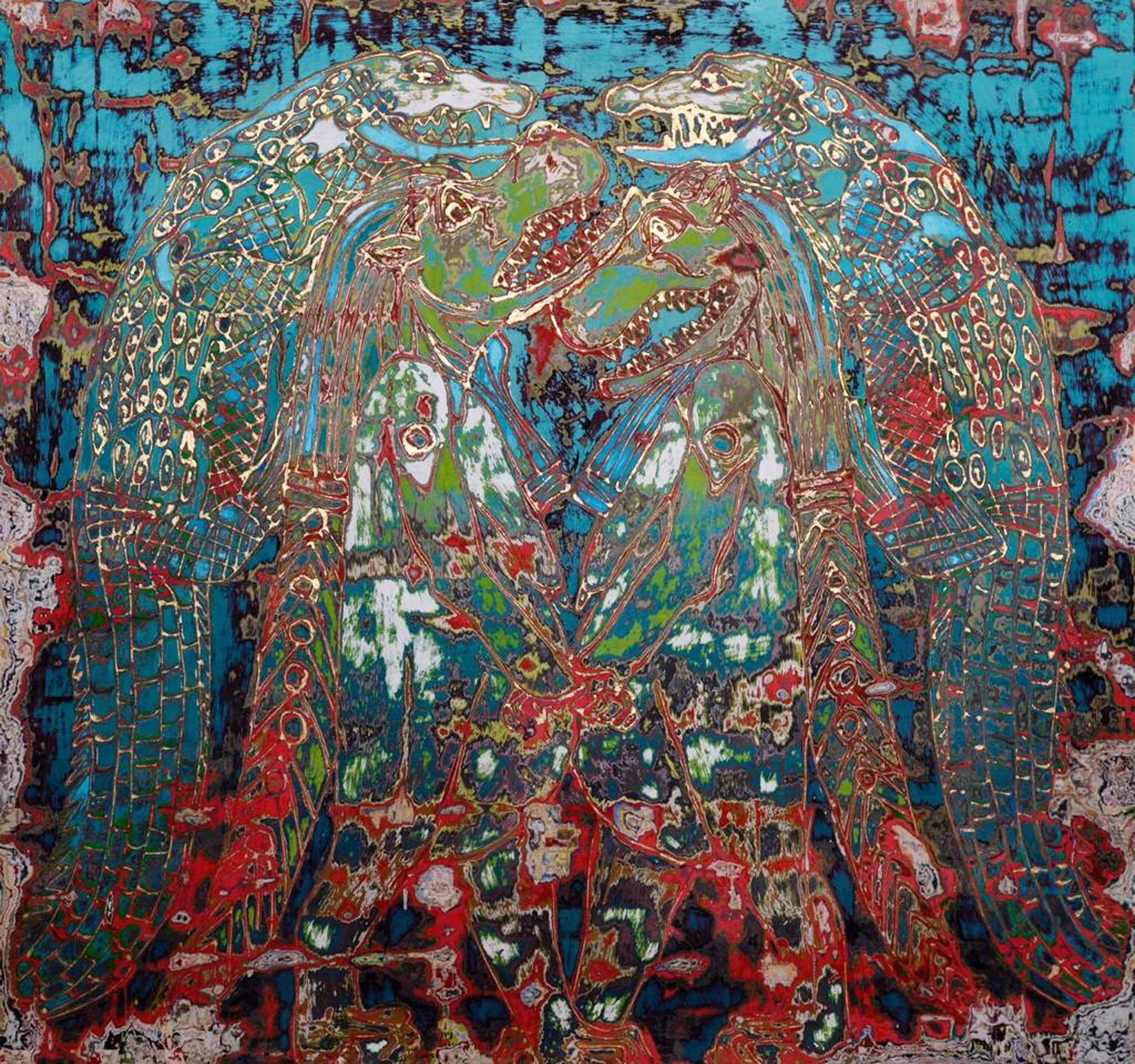 "Krokodil Mirage" Gemischte Medien Malerei 47" x 47" Zoll von Ibrahim Khatab

Ibrahim Khatab wurde 1984 in Kairo geboren, arbeitet als Co-Dozent an der Universität Kairo und mischt in seinen Werken Malerei, Videokunst und Installation. Er begann