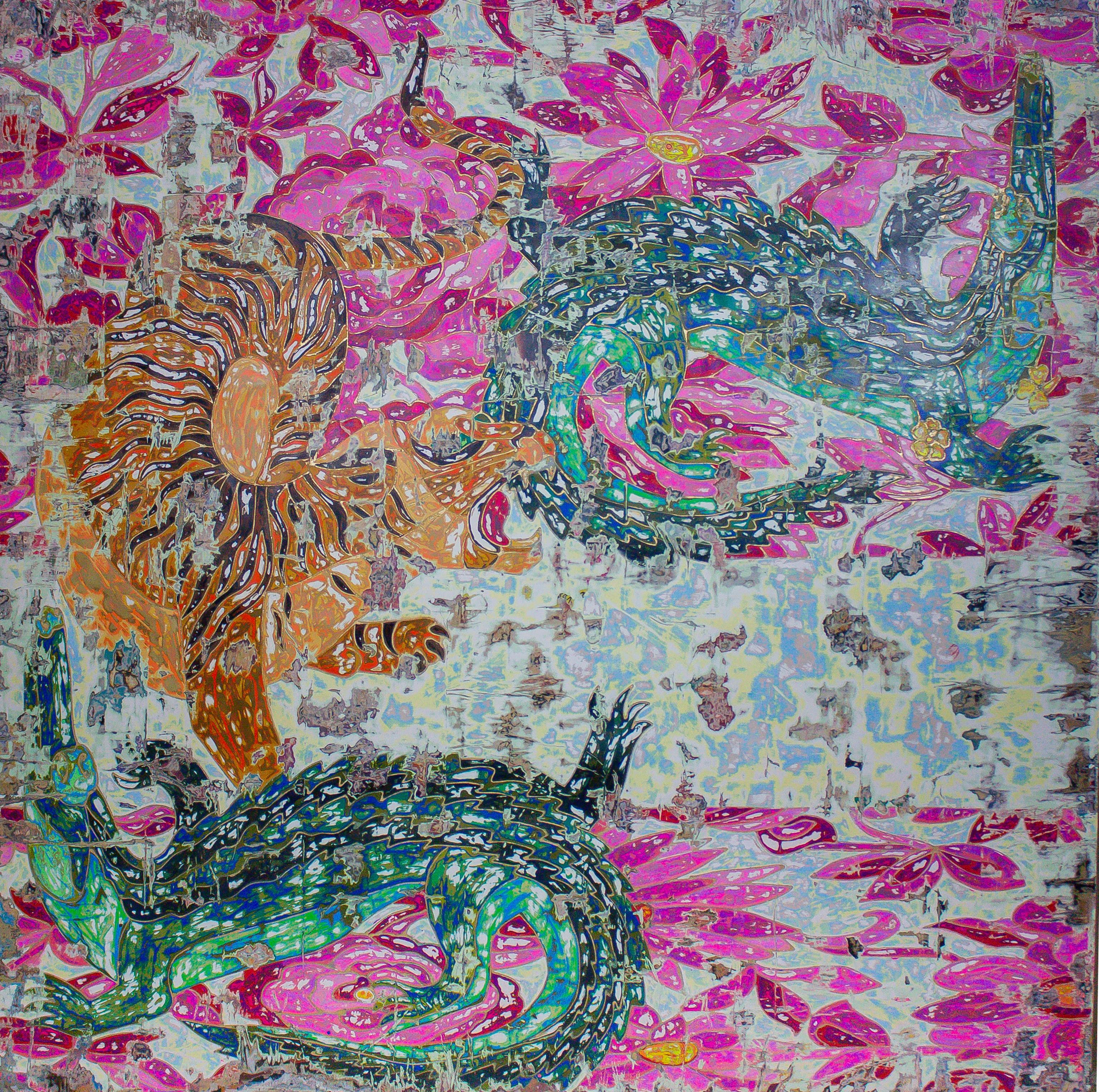 Abstraktes Gemälde „Dance of Beasts“ 59" x 59" Zoll von Ibrahim Khatab