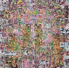 Pittura astratta a tecnica mista "Floral" 59" x 59" pollici di Ibrahim Khatab