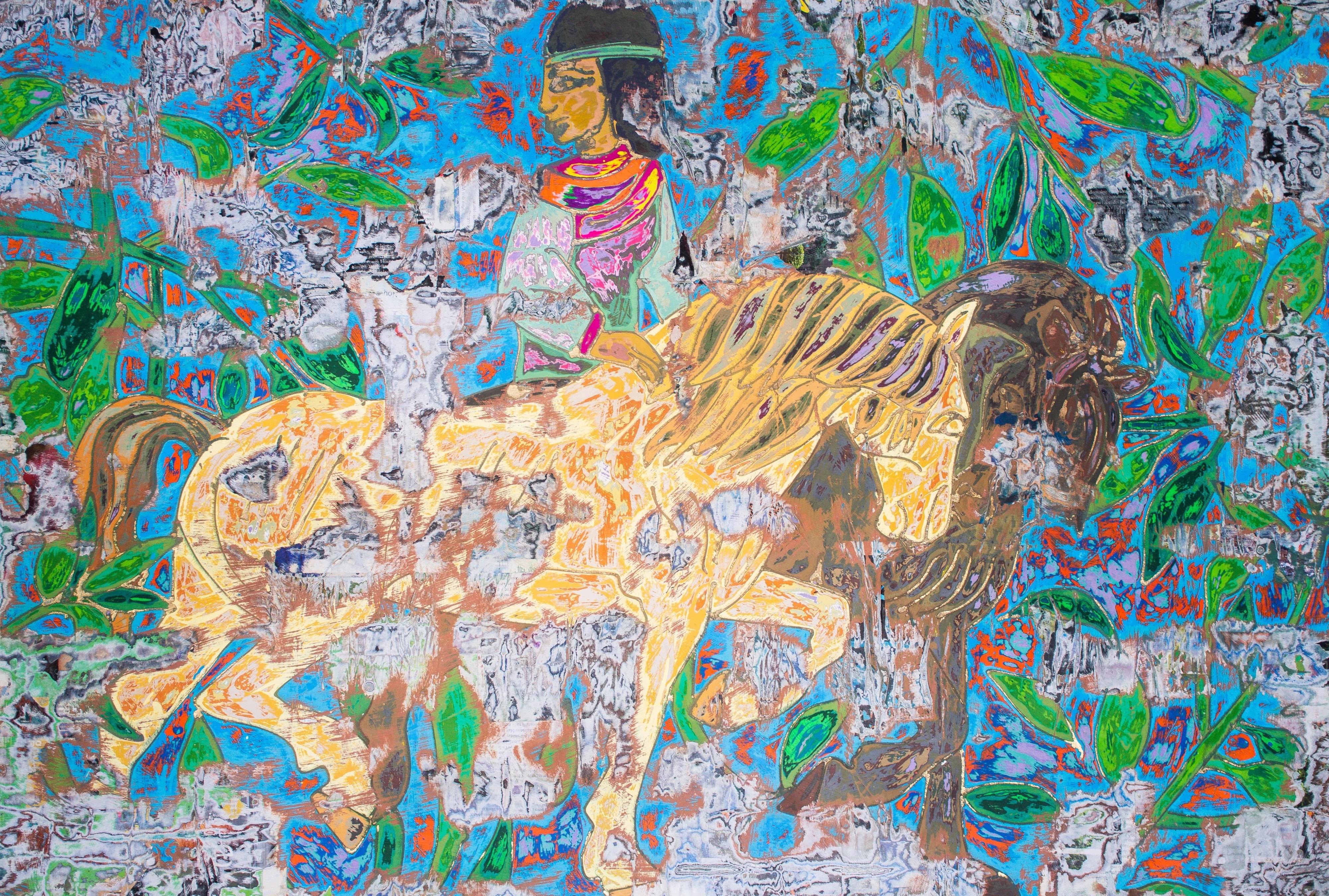 Abstraktes Gemälde „Goldener Steed“ 28" x 39" in von Ibrahim Khatab