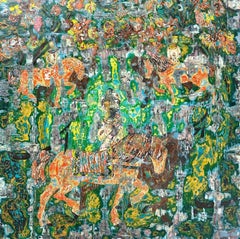 Peinture abstraite "Horsemen" 59" x 59" pouces par Ibrahim Khatab