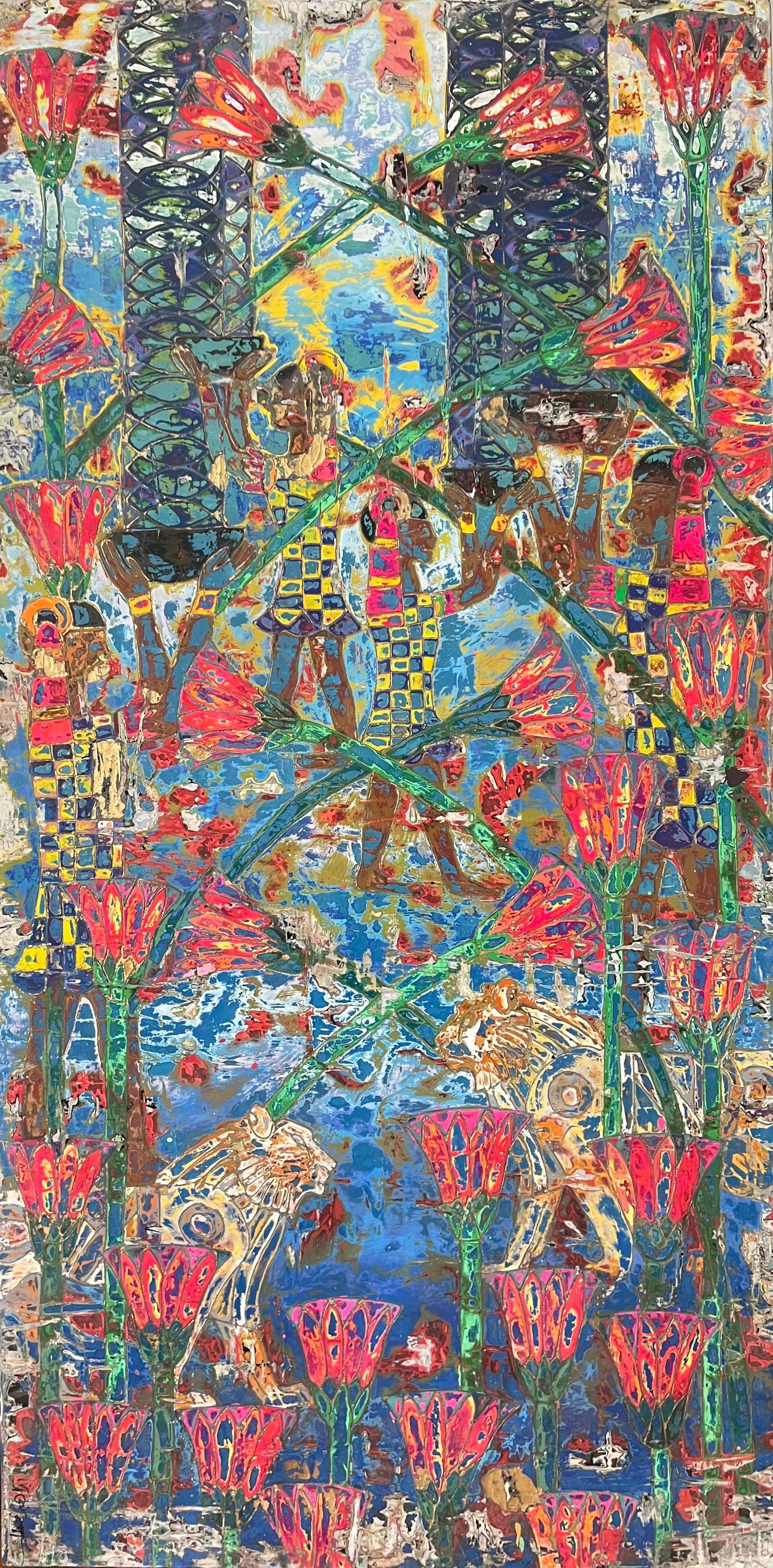 Abstraktes Gemälde „Lotus Löwen“ 71" x 35" in von Ibrahim Khatab

Ibrahim Khatab wurde 1984 in Kairo geboren, arbeitet als Co-Dozent an der Universität Kairo und mischt in seinen Werken Malerei, Videokunst und Installation. Er begann schon in seiner