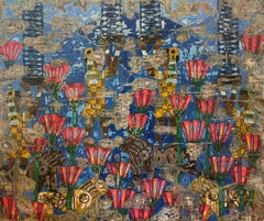 "Lotus Lions II" Peinture abstraite technique mixte de 39" x 47" pouces par Ibrahim Khatab