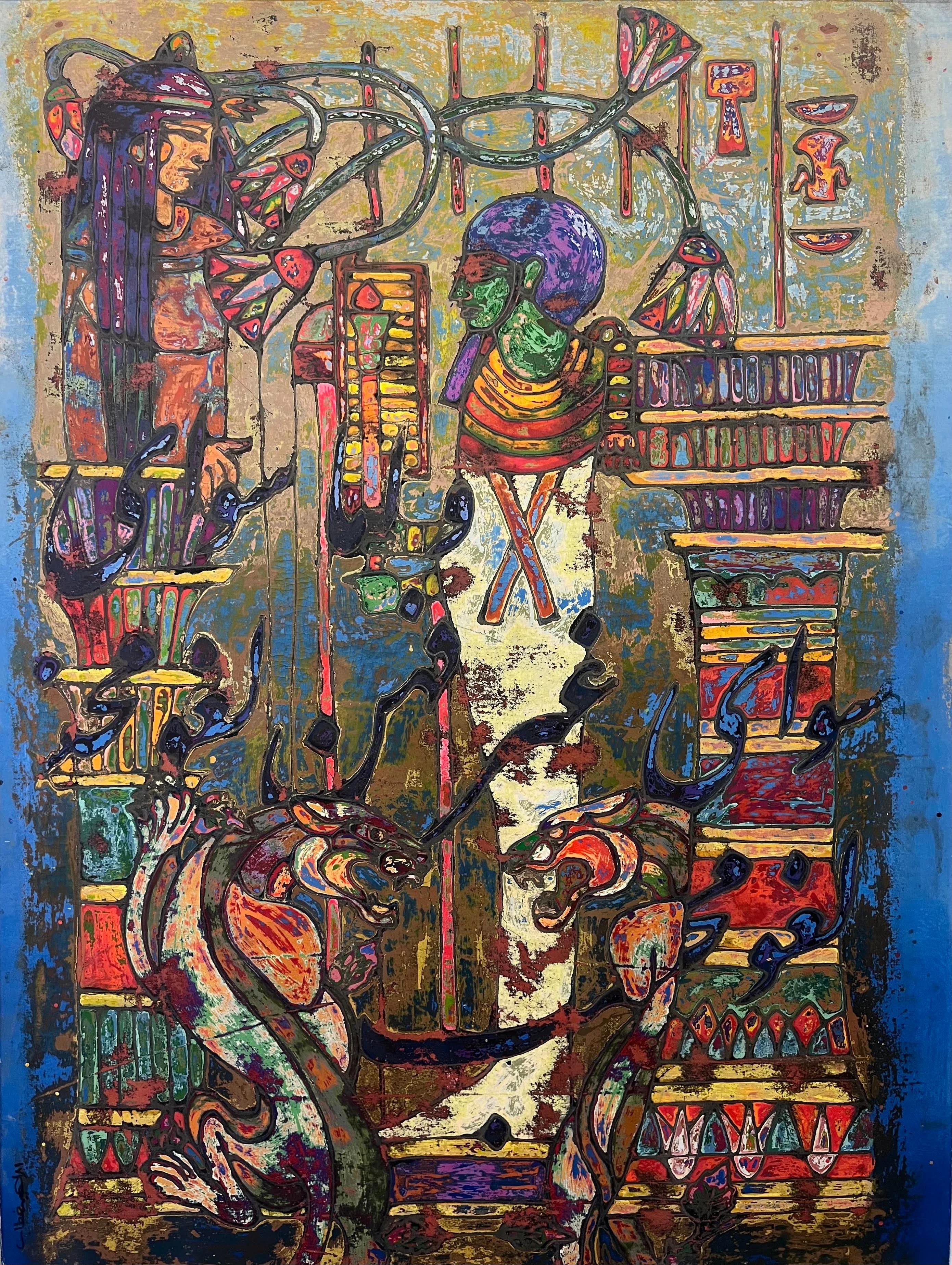 "Pharaoh's Crypt" Abstract Painting 59" x 43" in by Ibrahim Khatab

mixed media on wood

Ibrahim Khatab was born in Cairo 1984, works as a co-teacher in Cairo University, he mixes between painting, video art and installation in his artworks. He