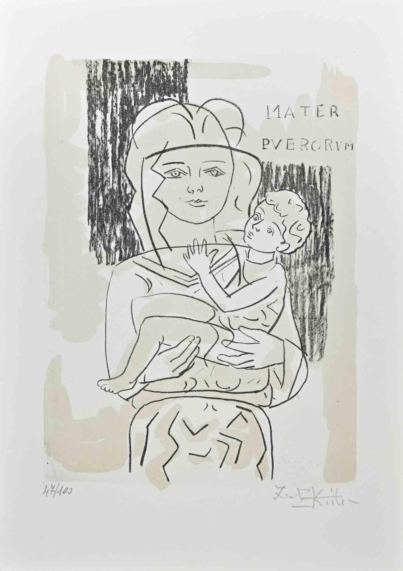 Motherhood is a Lithograph realized in the 1980s by Ibrahim Kodra.

Good conditions.

Hand-signed.

Numbered. Edition,47/100.

The artwork is depicted through soft strokes in a well-balanced composition.