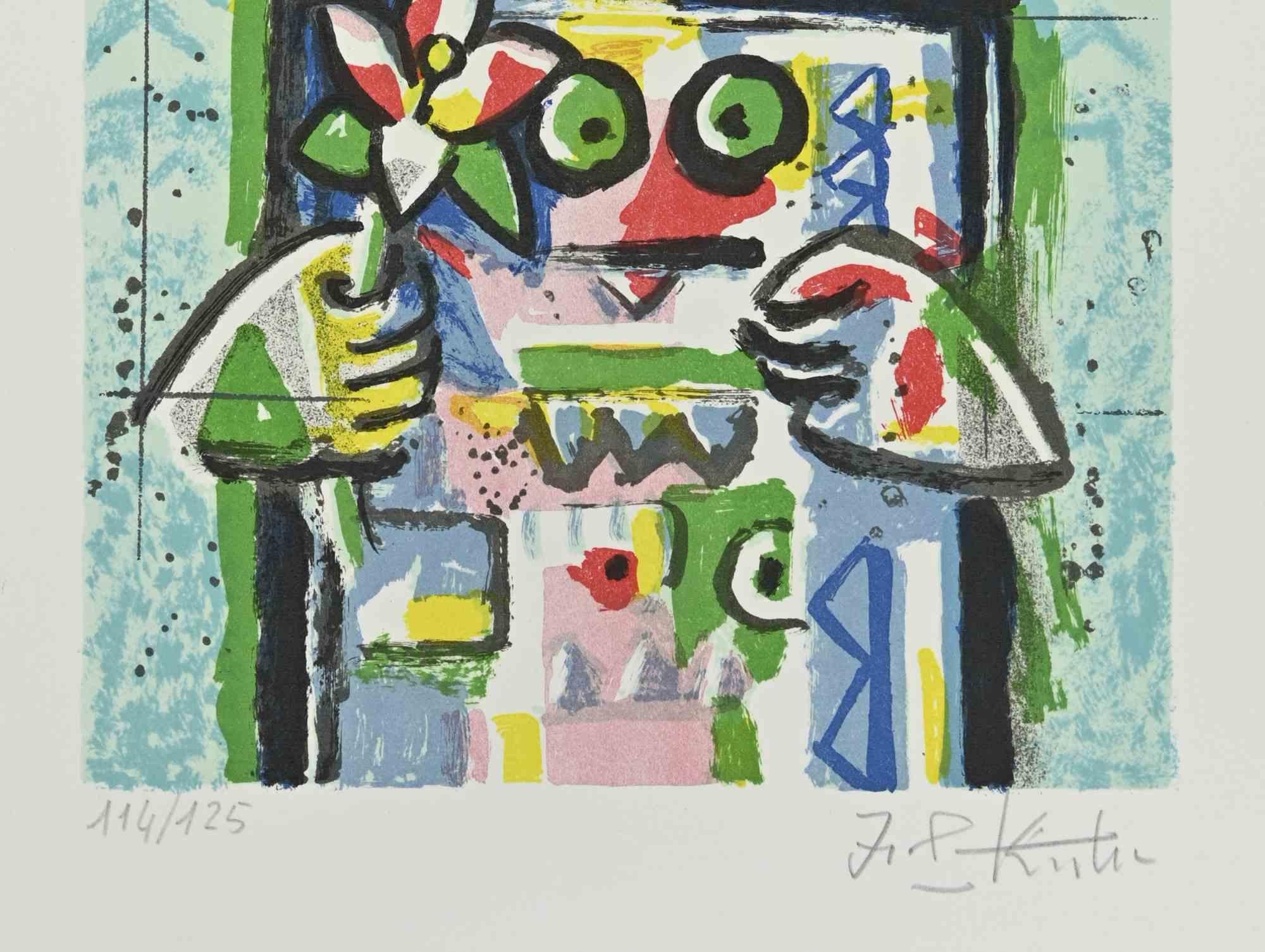 Une femme avec une fleur - Lithographie de Ibrahim Kodra - 1980 en vente 1