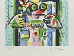 Une femme avec une fleur - Lithographie de Ibrahim Kodra - 1980