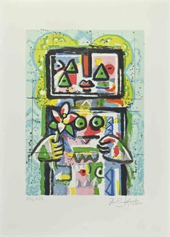A Woman with Flower - Lithograph by Ibrahim Kodra - 1980s