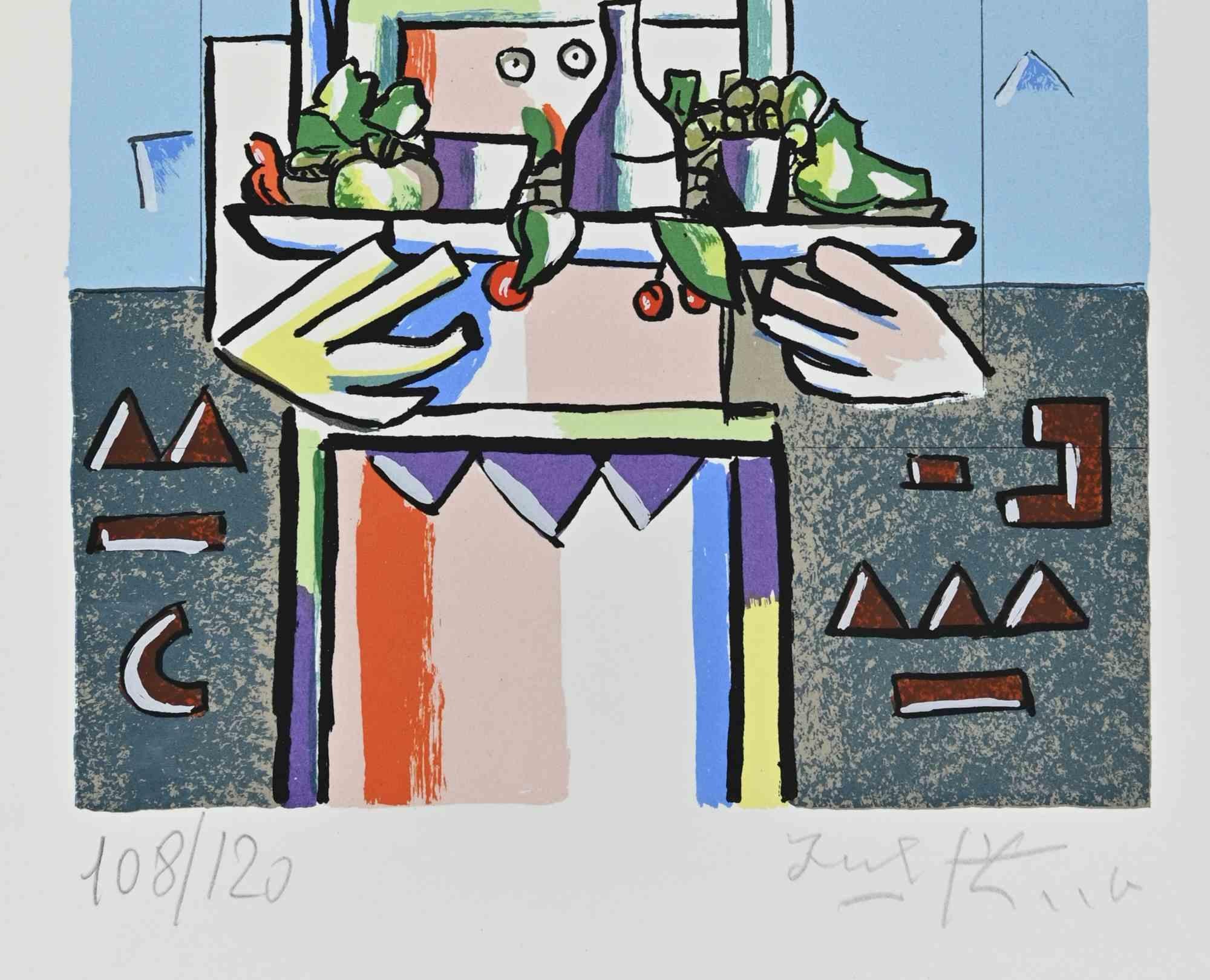 Chef with Tray - Lithograph by Ibrahim Kodra - 1980s For Sale 1