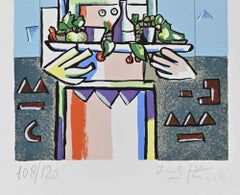 Chef with Tray - Lithograph by Ibrahim Kodra - 1980s