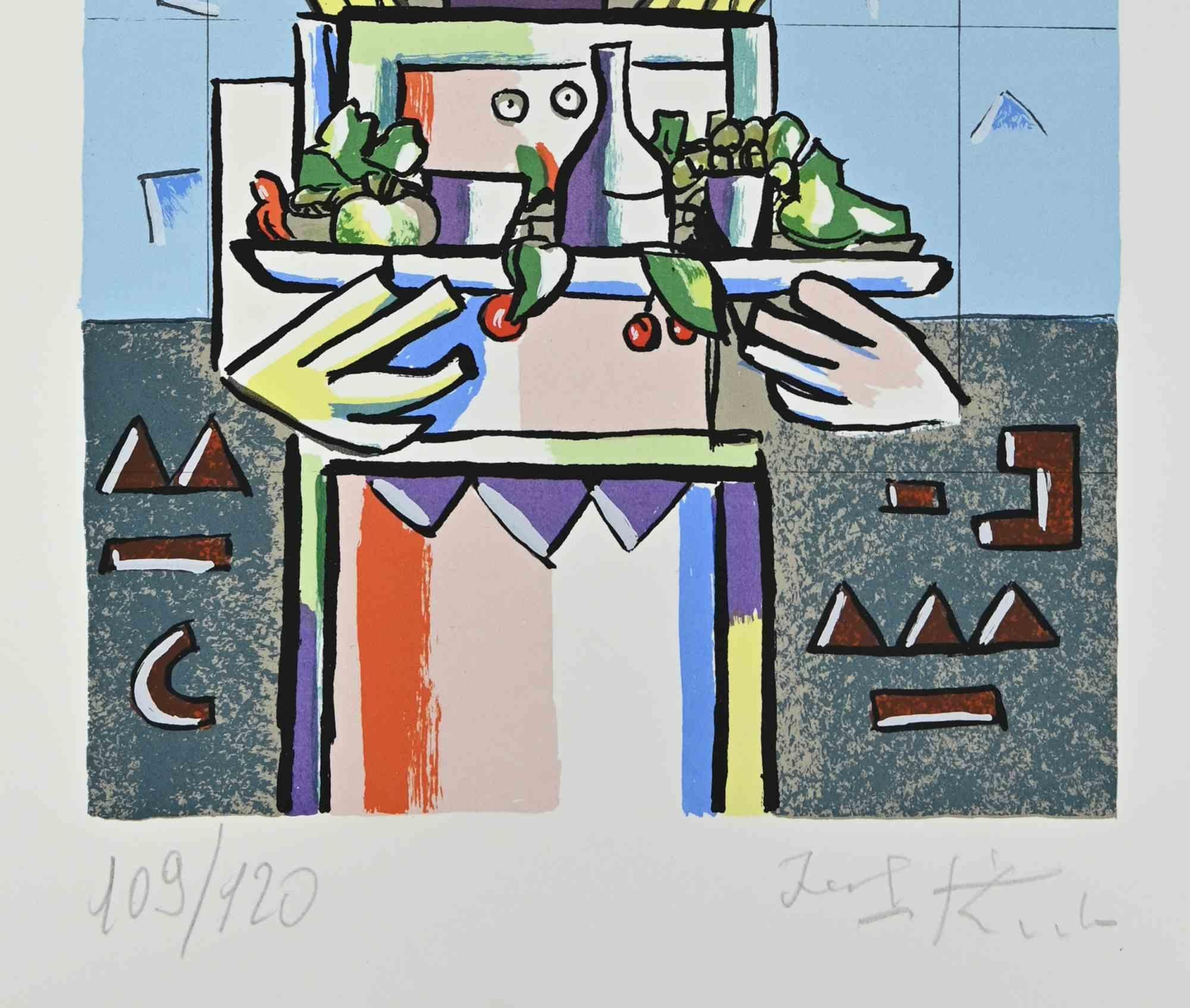 Chef with Tray - Lithograph by Ibrahim Kodra - 1980s For Sale 1