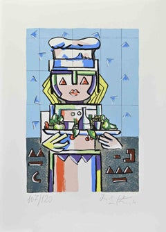 Chef with Tray - Lithograph by Ibrahim Kodra - 1980s