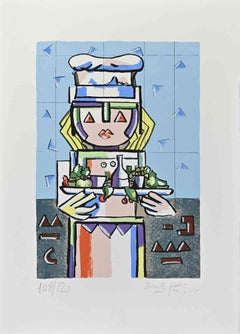 Chef with Tray - Lithograph by Ibrahim Kodra - 1980s