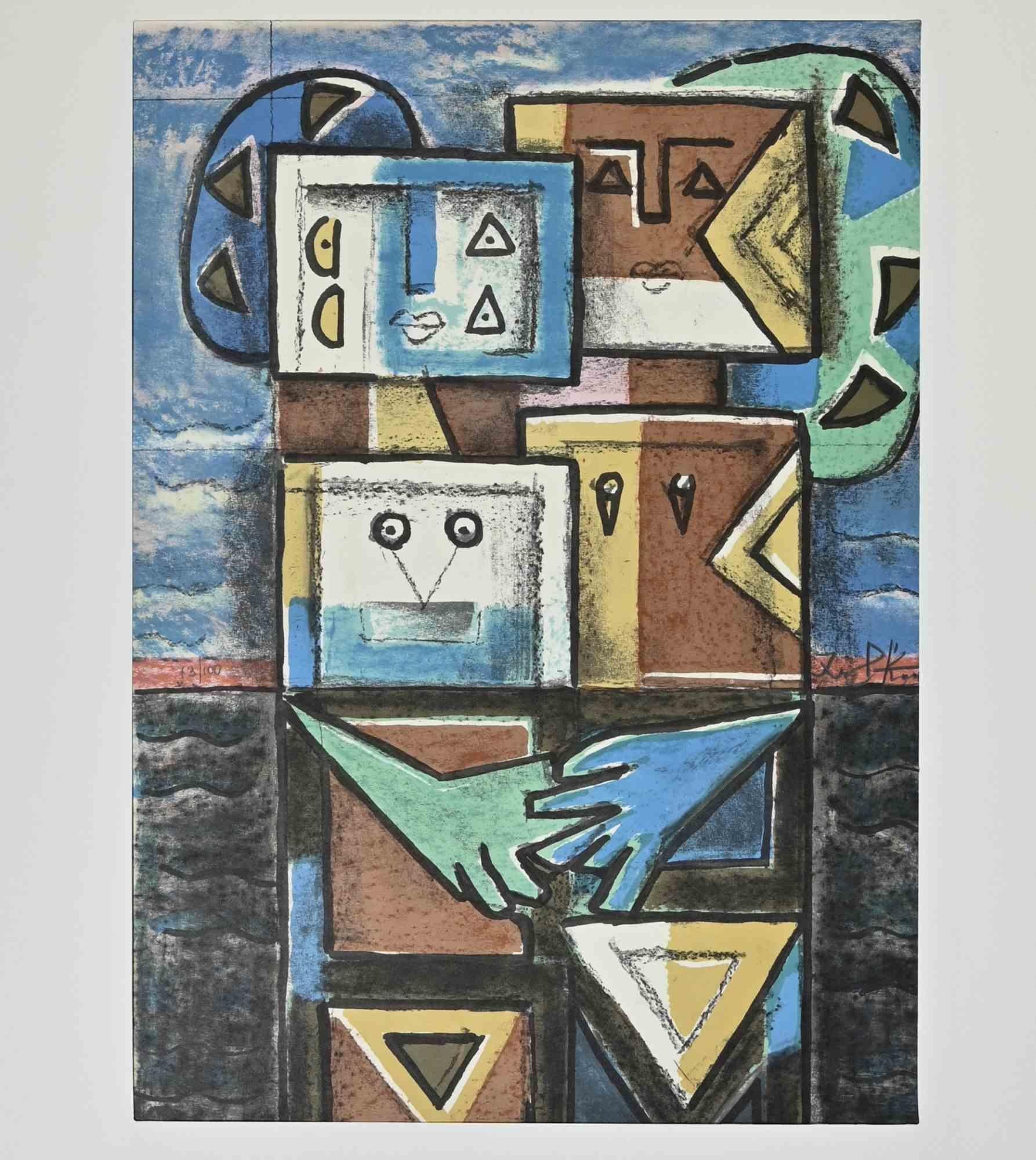 Composition is a lithograph realized by Ibrahim Kodra in 1973.

Edition of 100

Ibrahim Likmetaj Kodra (22 April 1918 – 7 February 2006) was an Albanian painter.In 1944 he opened his first workshop in Milan; in 1948 he opened a personal and group