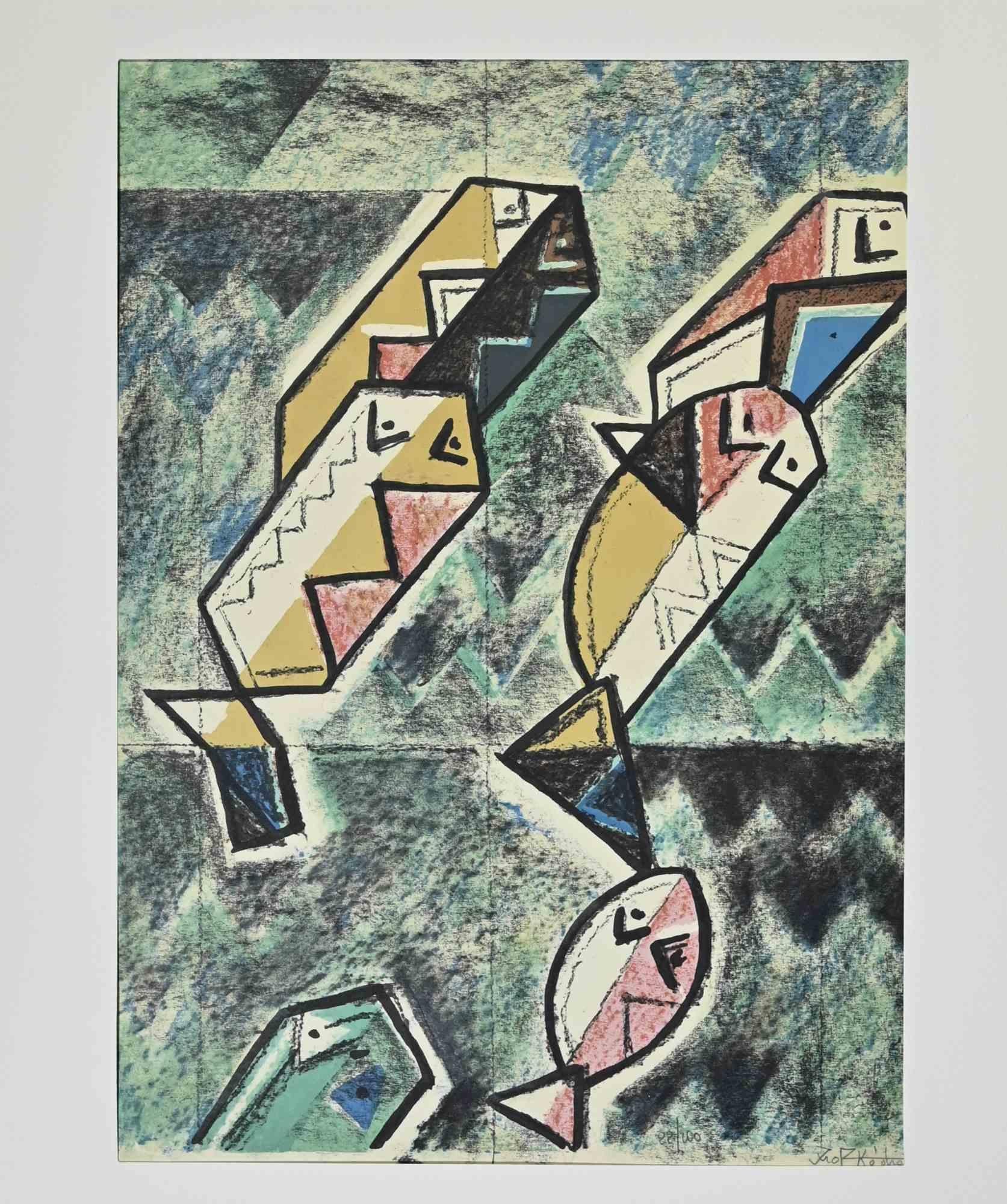 Composition is a lithograph realized by Ibrahim Kodra in 1973.

Edition of 100

Ibrahim Likmetaj Kodra (22 April 1918 – 7 February 2006) was an Albanian painter.In 1944 he opened his first workshop in Milan; in 1948 he opened a personal and group