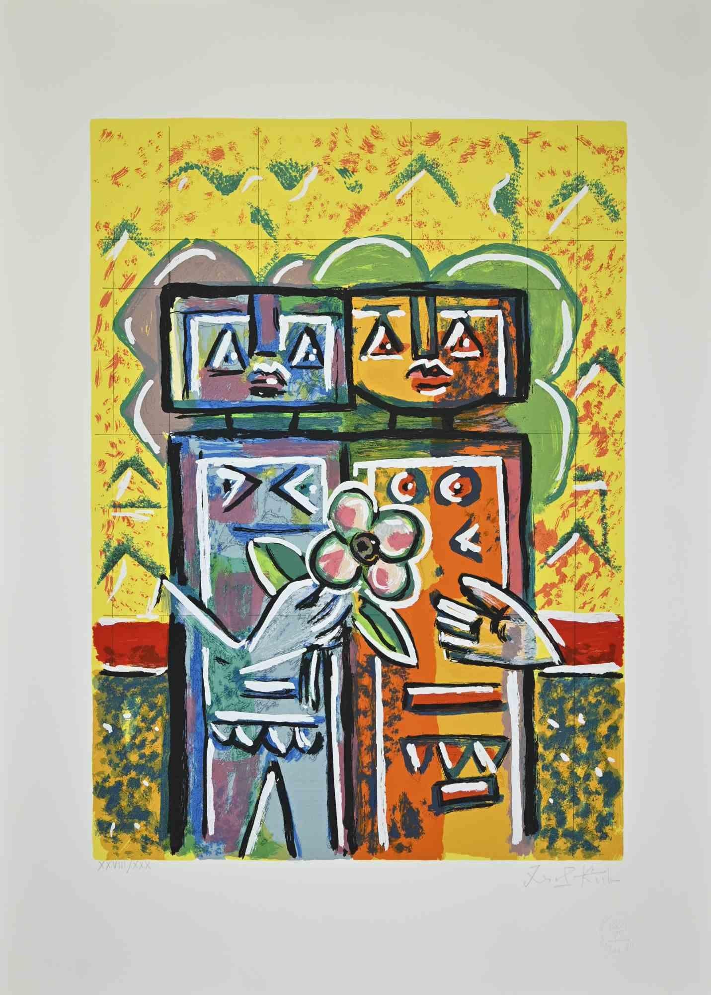 Couple est une lithographie réalisée par Ibrahim Kodra dans les années 1970.

Signé et numéroté à la main, édition de XXX tirages.

Bonnes conditions.

Ibrahim Likmetaj Kodra (22 avril 1918 - 7 février 2006) était un peintre albanais. En 1944, il