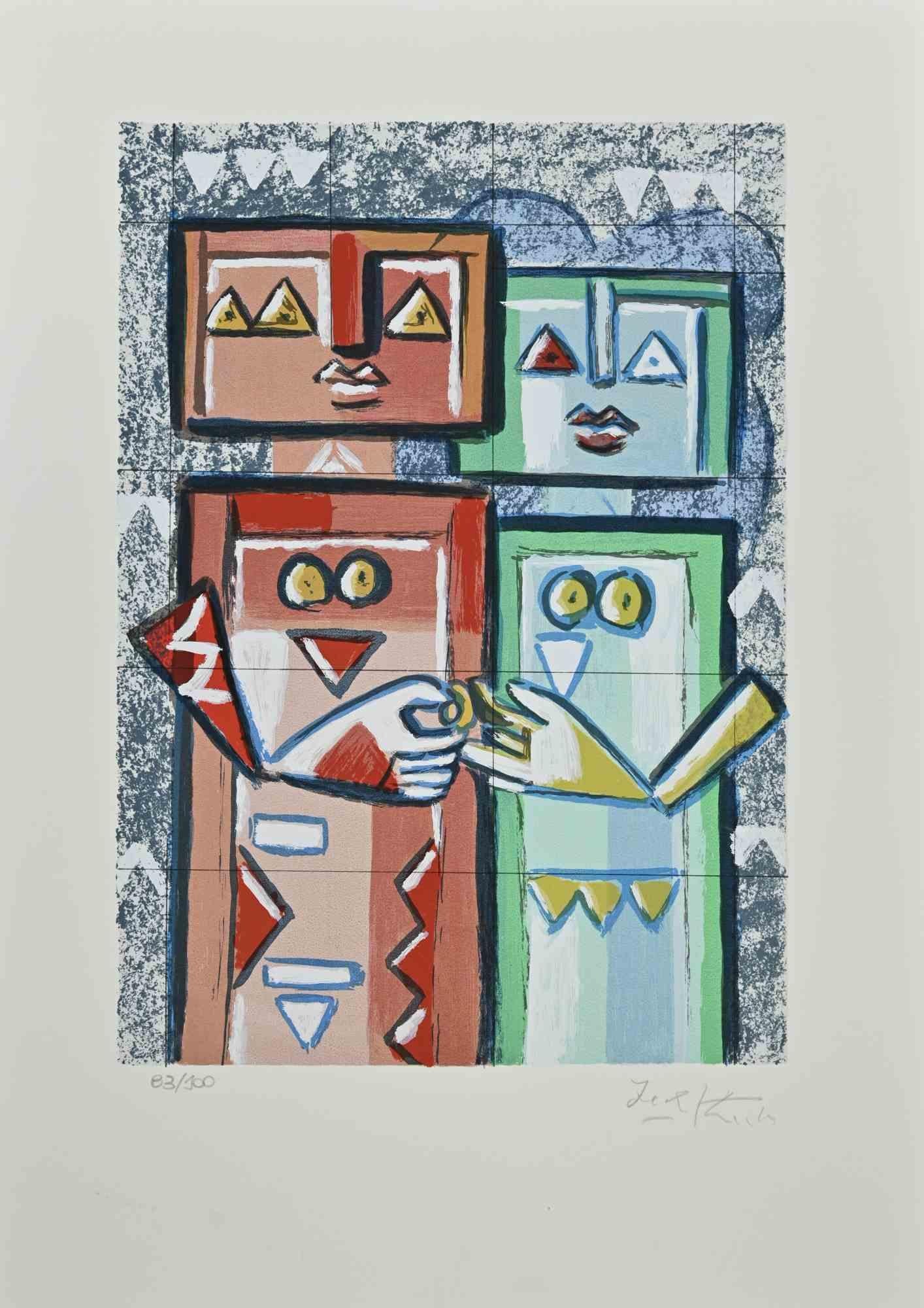 Couple is a lithograph realized by Ibrahim Kodra in 1980s.

Very good condition on a white cardboard.

Hand signed with pencil by the artist on the lower right corner.

Numbered, 83/100.

Ibrahim Likmetaj Kodra (22 April 1918 – 7 February 2006) was