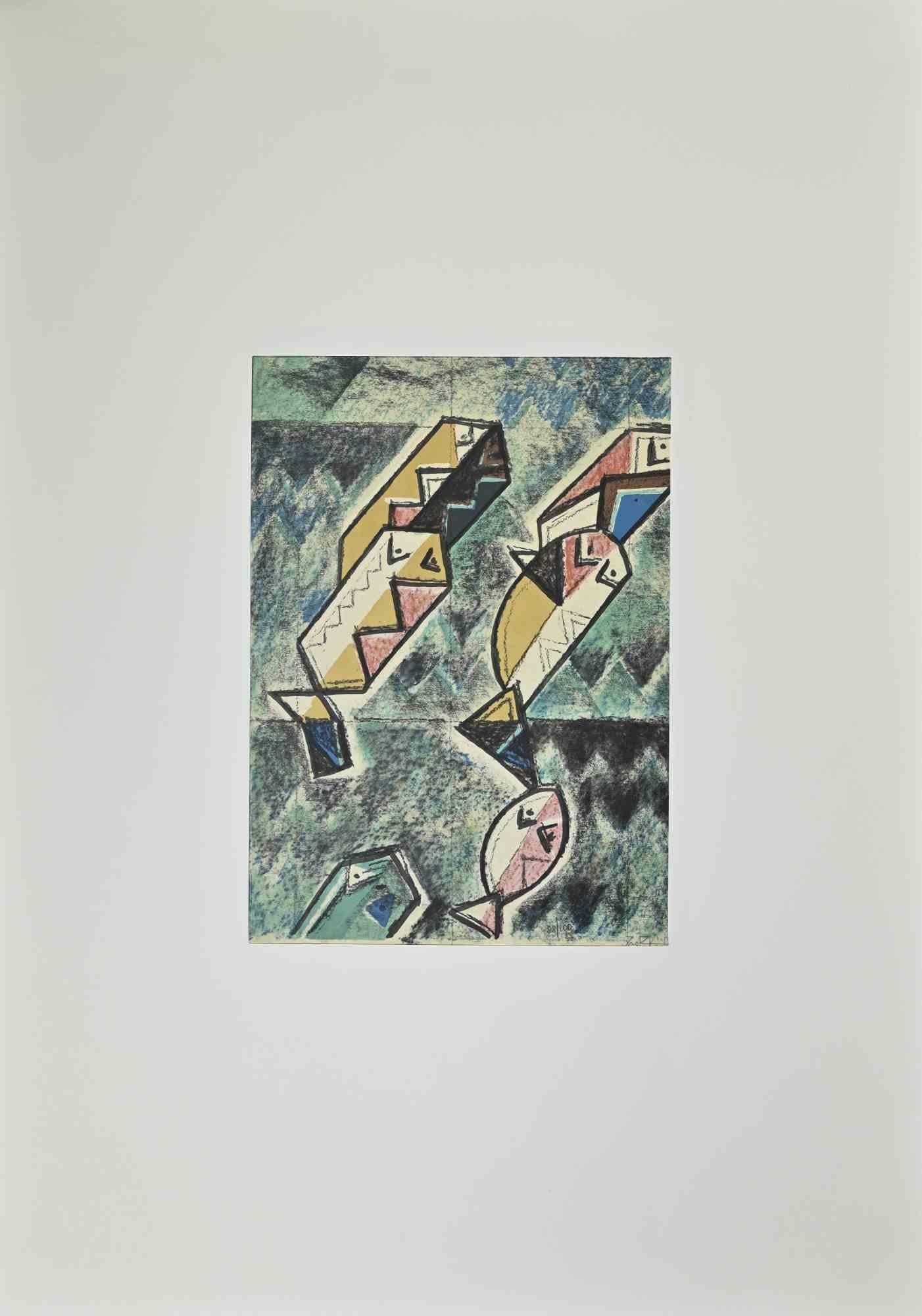 Fishes - Lithograph by Ibrahim Kodra - 1973 For Sale 1