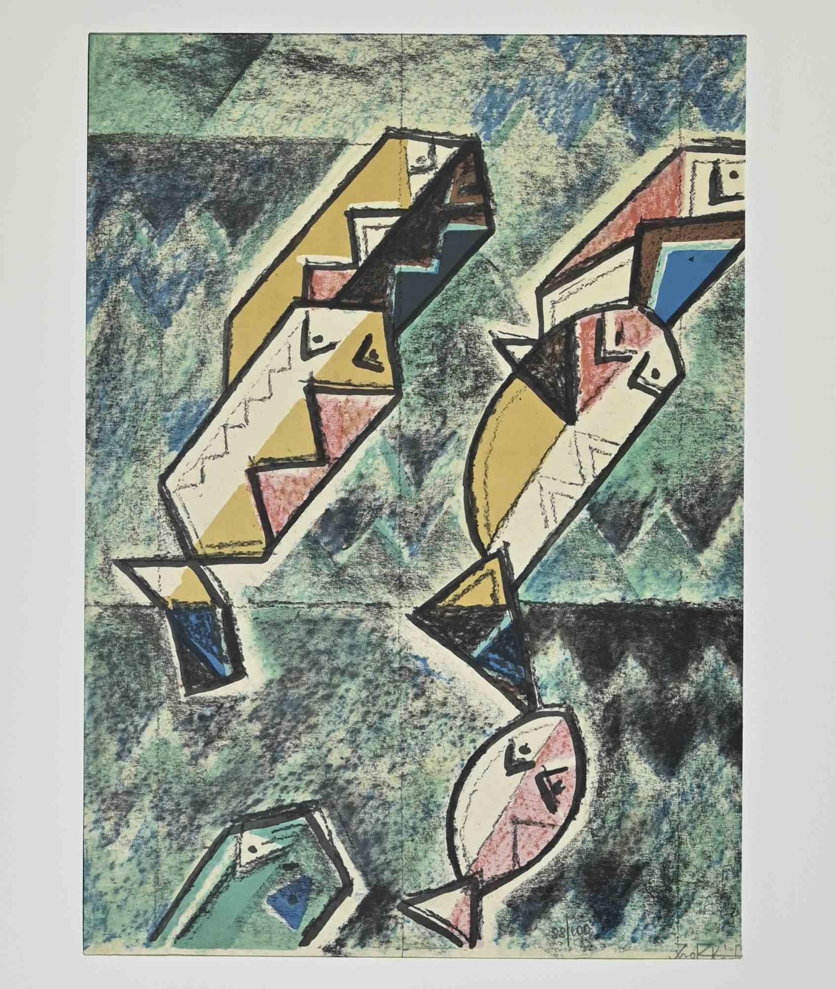 Fishes is a lithograph realized by Ibrahim Kodra in 1973.

Edition of 100

Ibrahim Likmetaj Kodra (22 April 1918 – 7 February 2006) was an Albanian painter.In 1944 he opened his first workshop in Milan; in 1948 he opened a personal and group