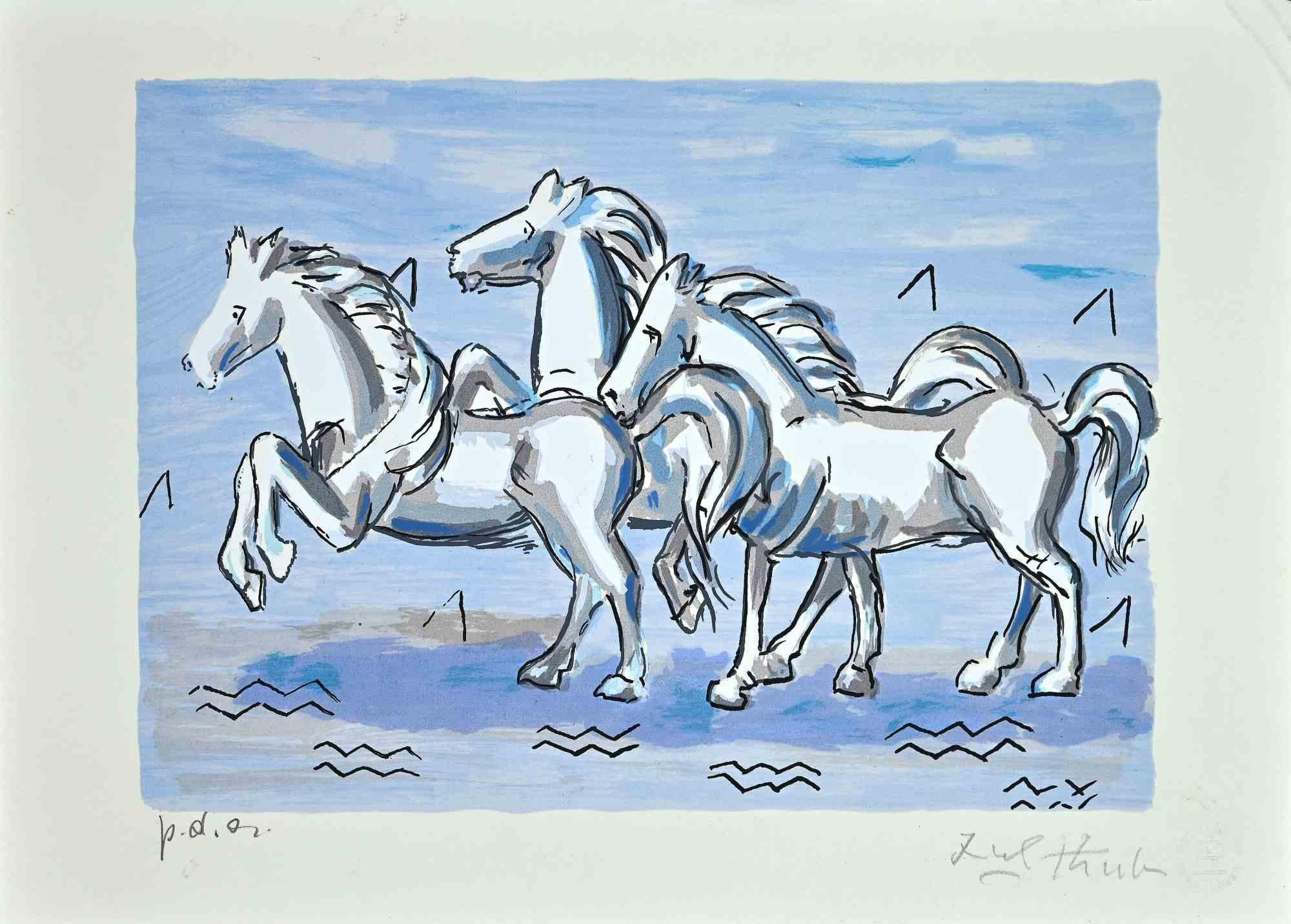 Horses is an original Litograph realized by Ibrahim Kodra in 1974.

Very good condition on a white cardboard. Artist Proof.

Hand signed with pencil by the artist on the lower right corner.

Prov.: Studio d’Arte Borromeo

Ibrahim Likmetaj Kodra (22
