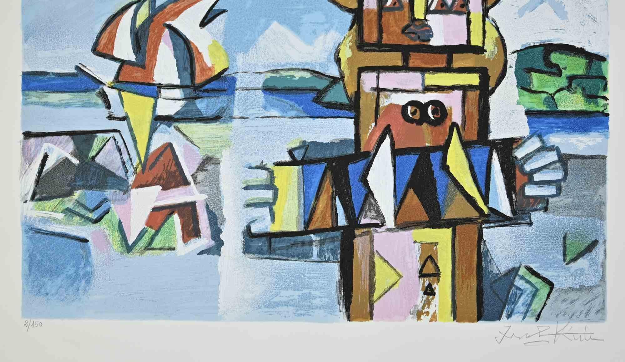 Musicista al mare - Litografia di Ibrahim Kodra - Anni '80 in vendita 1