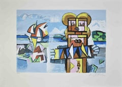 Musician at the Sea - Lithograph by Ibrahim Kodra - 1980s