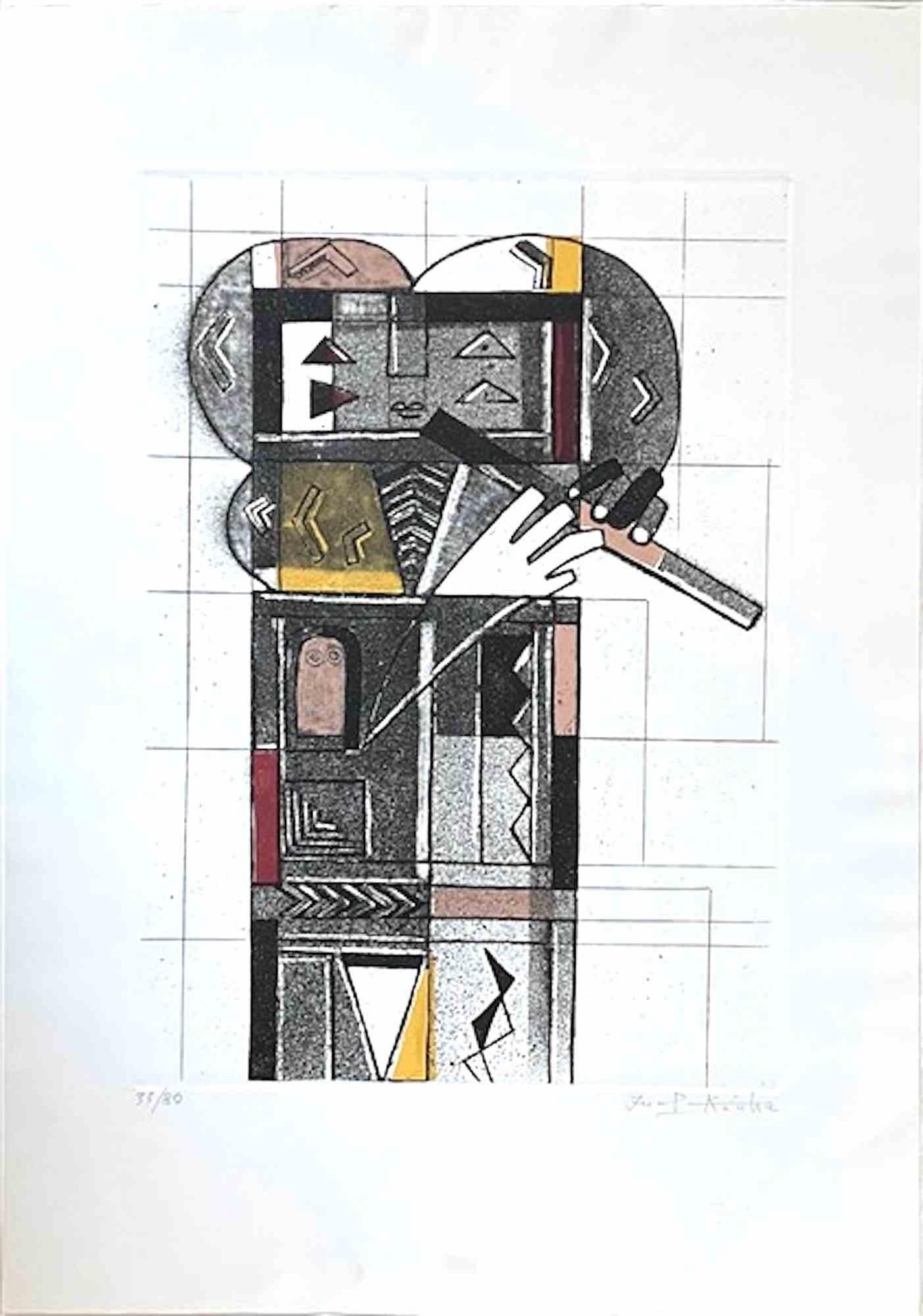 Robot playing flute is a lithograph realized by Ibrahim Kodra in the 1970s.

Hand-signed and numbered, edition of 38/80 prints, on lower in pencil.

The artwork represents a geometric figure while playing the flute beautifully in a neat and elevated