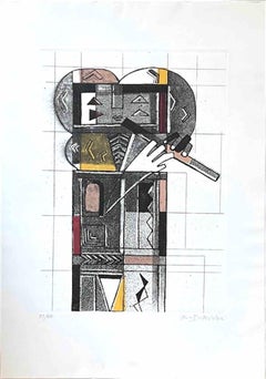 Robot Playing Flute - Lithograph by Ibrahim Kodra - 1970s