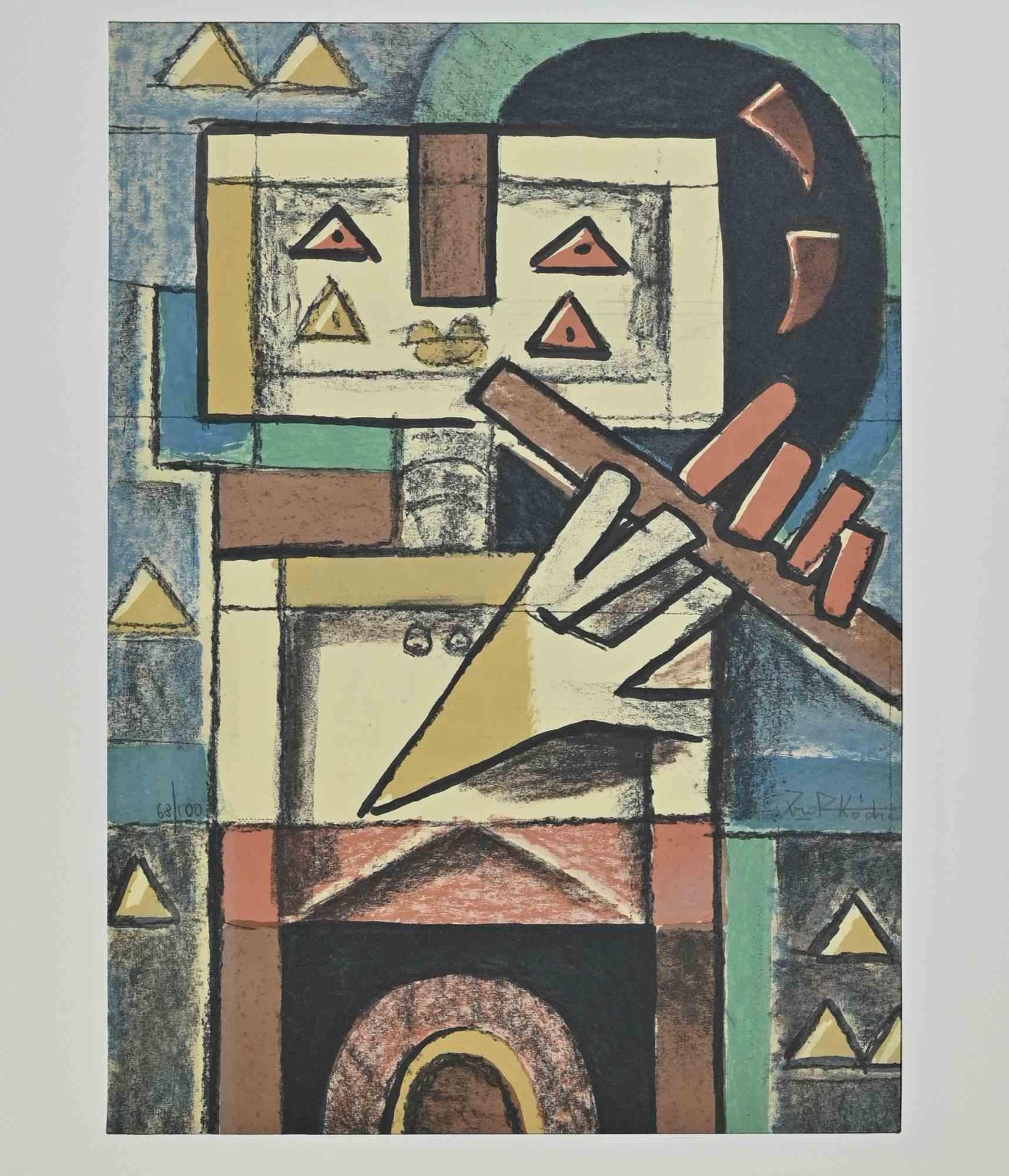 Robot Playing Flute - Lithograph by Ibrahim Kodra - 1973 For Sale 1