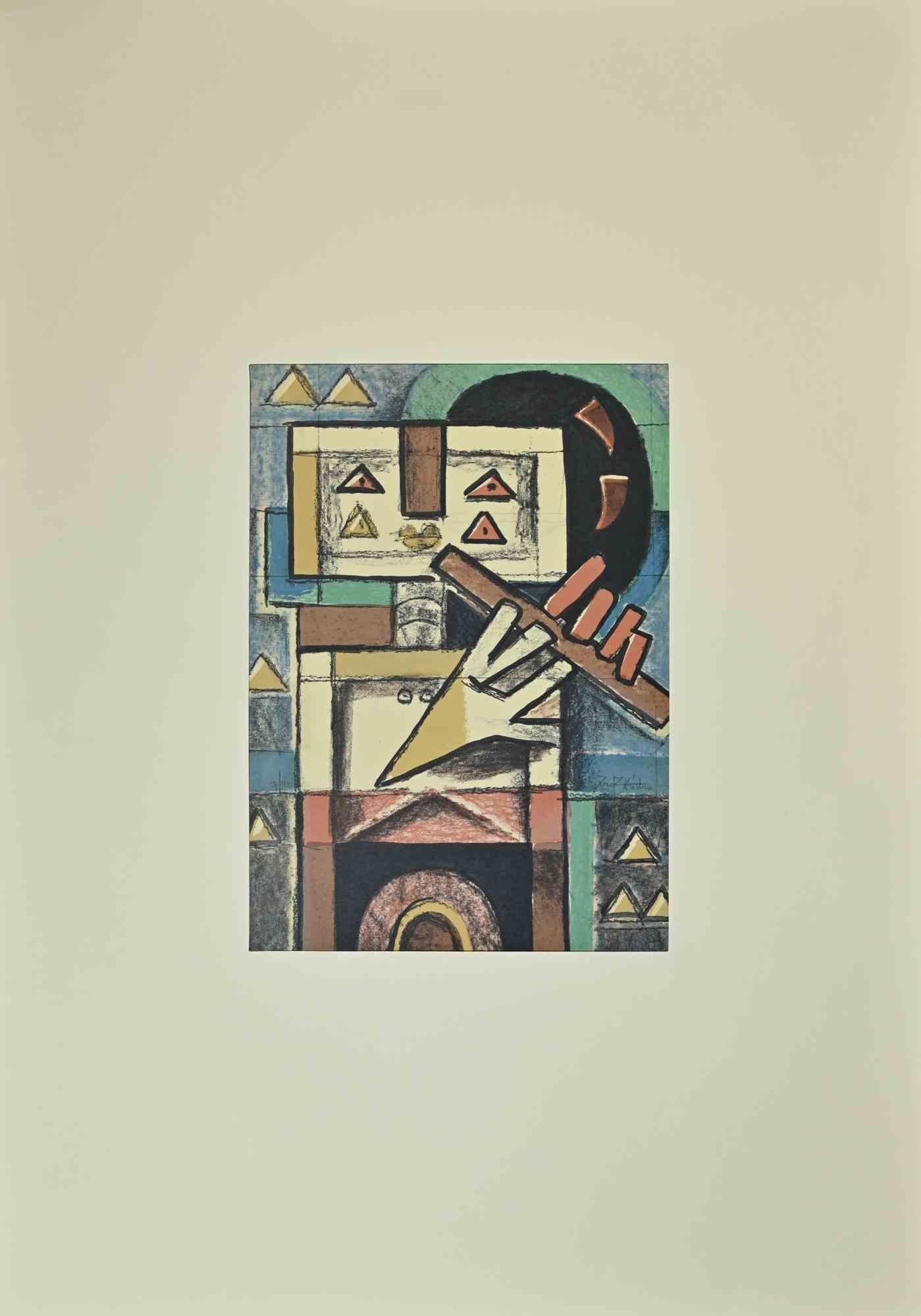 Robot Playing Flute - Lithograph by Ibrahim Kodra - 1973 For Sale 1