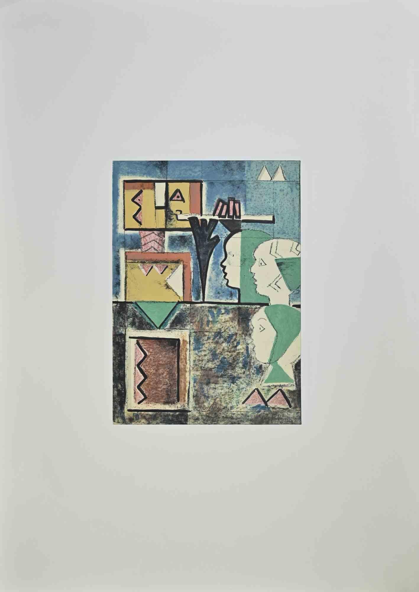 Roboter spielt Flöte - Lithographie von Ibrahim Kodra - 1973 im Angebot 1