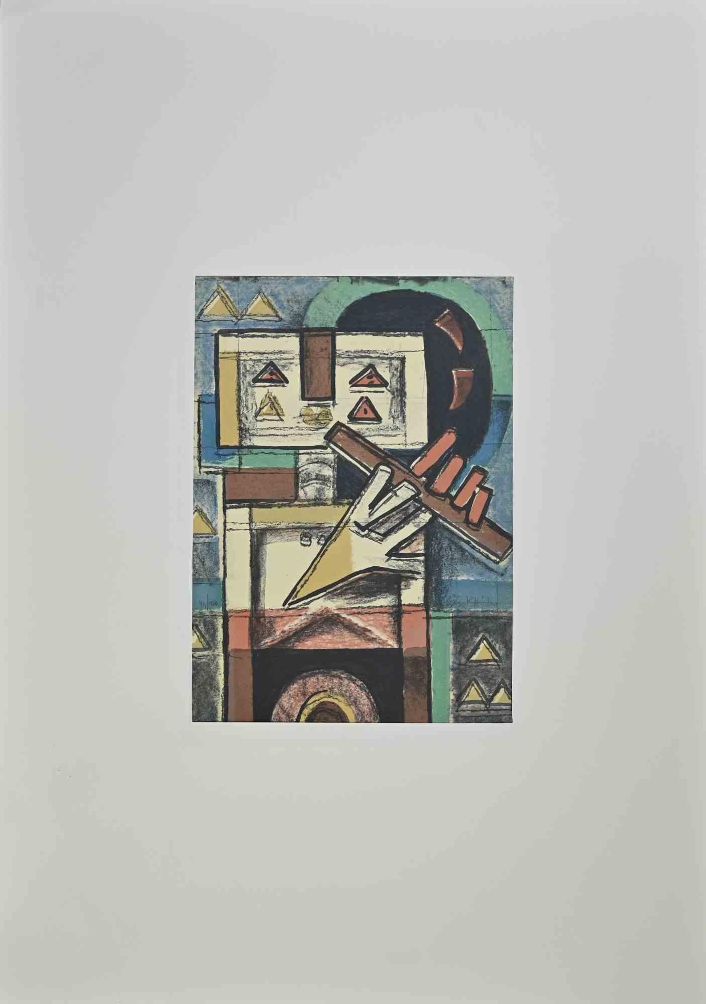 Robot Playing Flute - Lithograph by Ibrahim Kodra - 1973 For Sale 1
