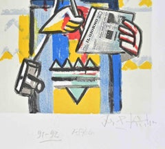 Robot Reading Newspaper - Lithograph by Ibrahim Kodra - 1990s