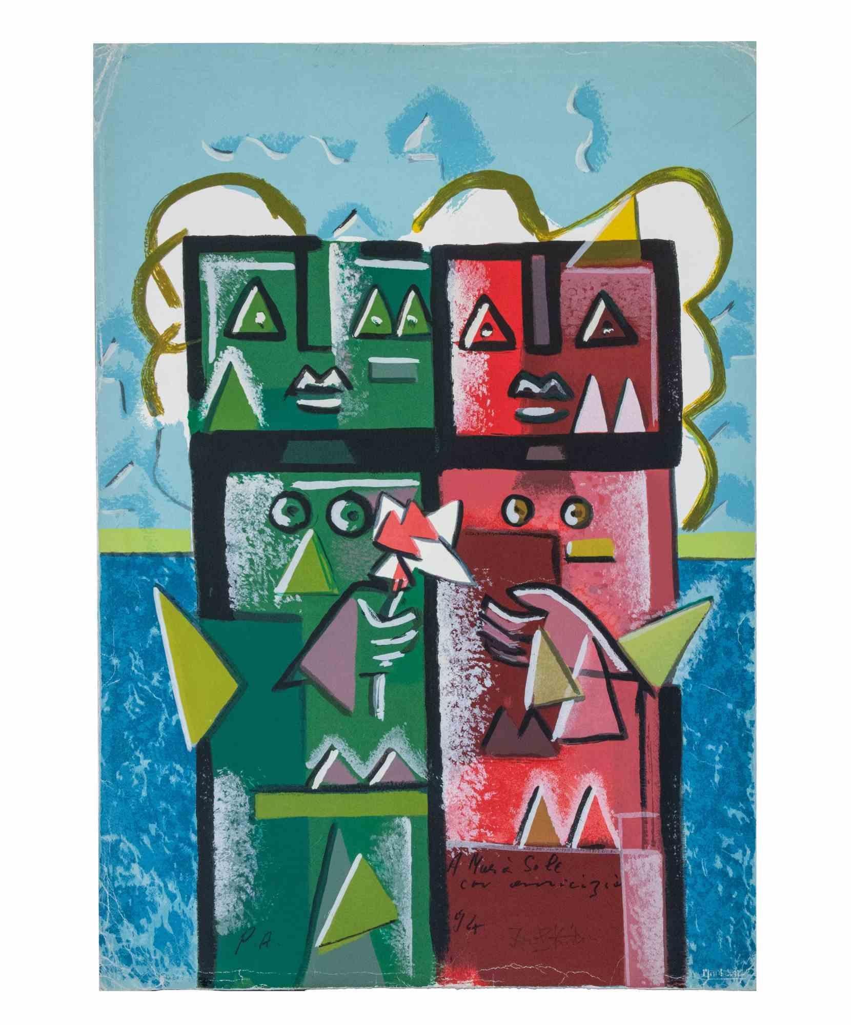 Robots in Love  is a contemporary artwork realized by Ibrahim Kodra in the 1980s.

Mixed colored lithograph

Signature and hand-writtend dedication in the lower margin

Artist's proof

Fair conditions (folds along the margin)

Ibrahim Likmetaj Kodra