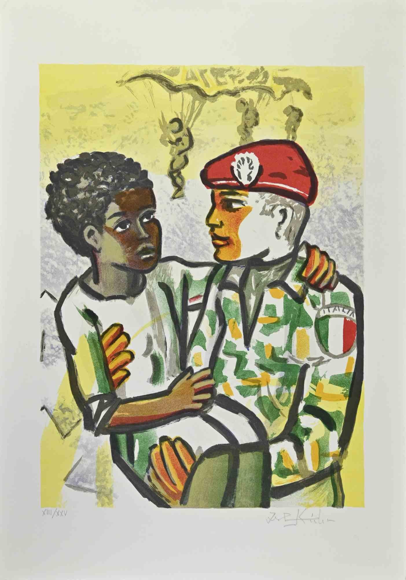 El abrazo del soldado es una litografía realizada por Ibrahim Kodra en la década de 1980.

Firmado y numerado a mano.

Edición de 25 ejemplares.

Buenas condiciones.

Ibrahim Likmetaj Kodra (22 de abril de 1918 - 7 de febrero de 2006) fue un pintor