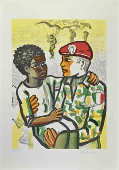Soldier's  Hug - Lithograph by Ibrahim Kodra - 1980s