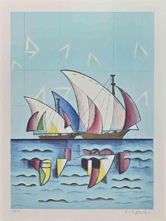 The Colourful Sailboats - Lithograph by Ibrahim Kodra - 1970s
