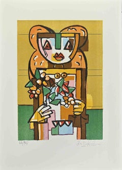 Woman With Flower - Lithograph by Ibrahim Kodra - 1973