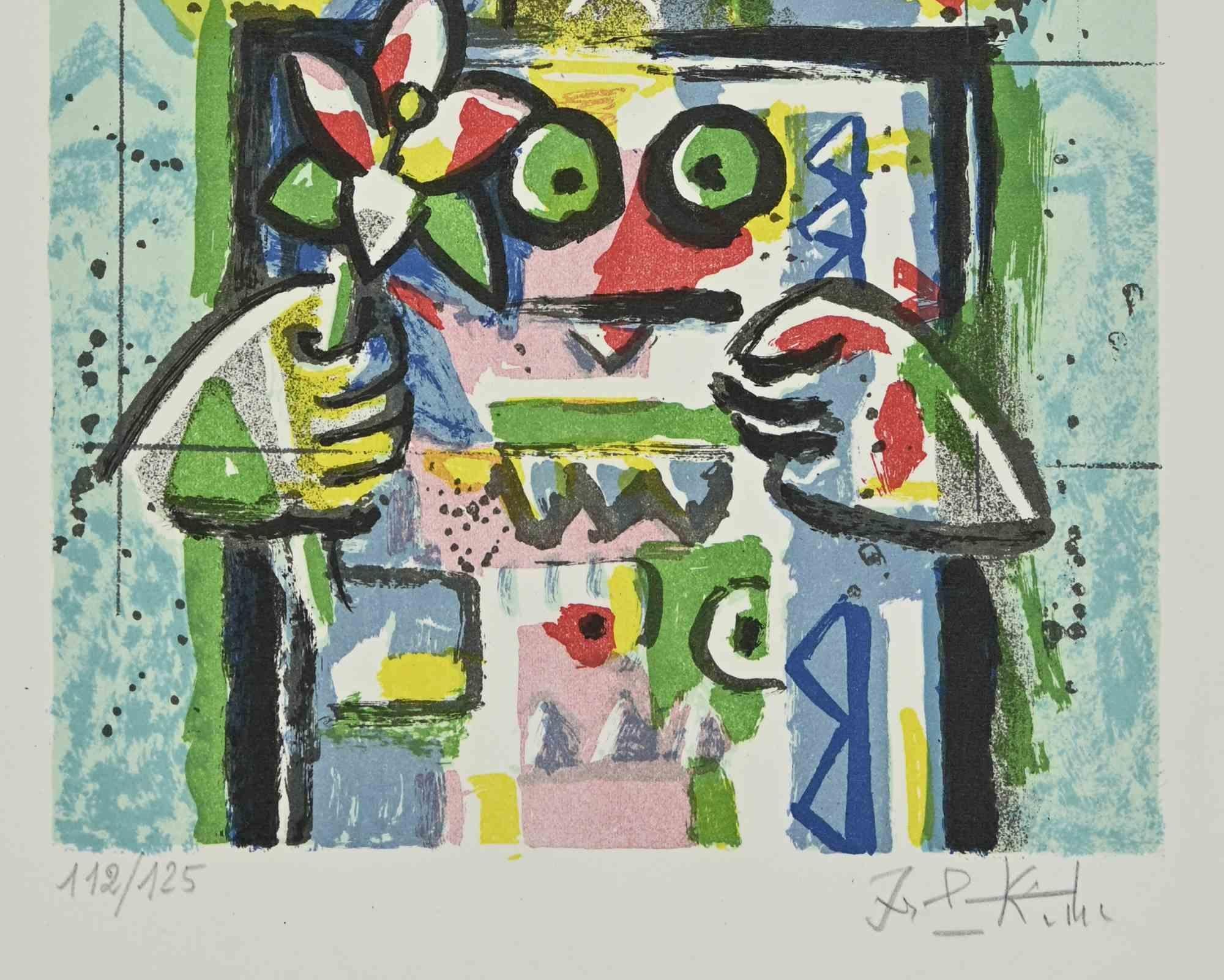 Woman with Flower - Lithograph by Ibrahim Kodra - 1980s For Sale 1