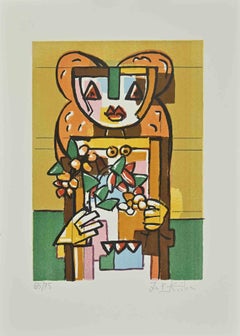 Vintage Woman with Flower - Lithograph by Ibrahim Kodra - 1980s