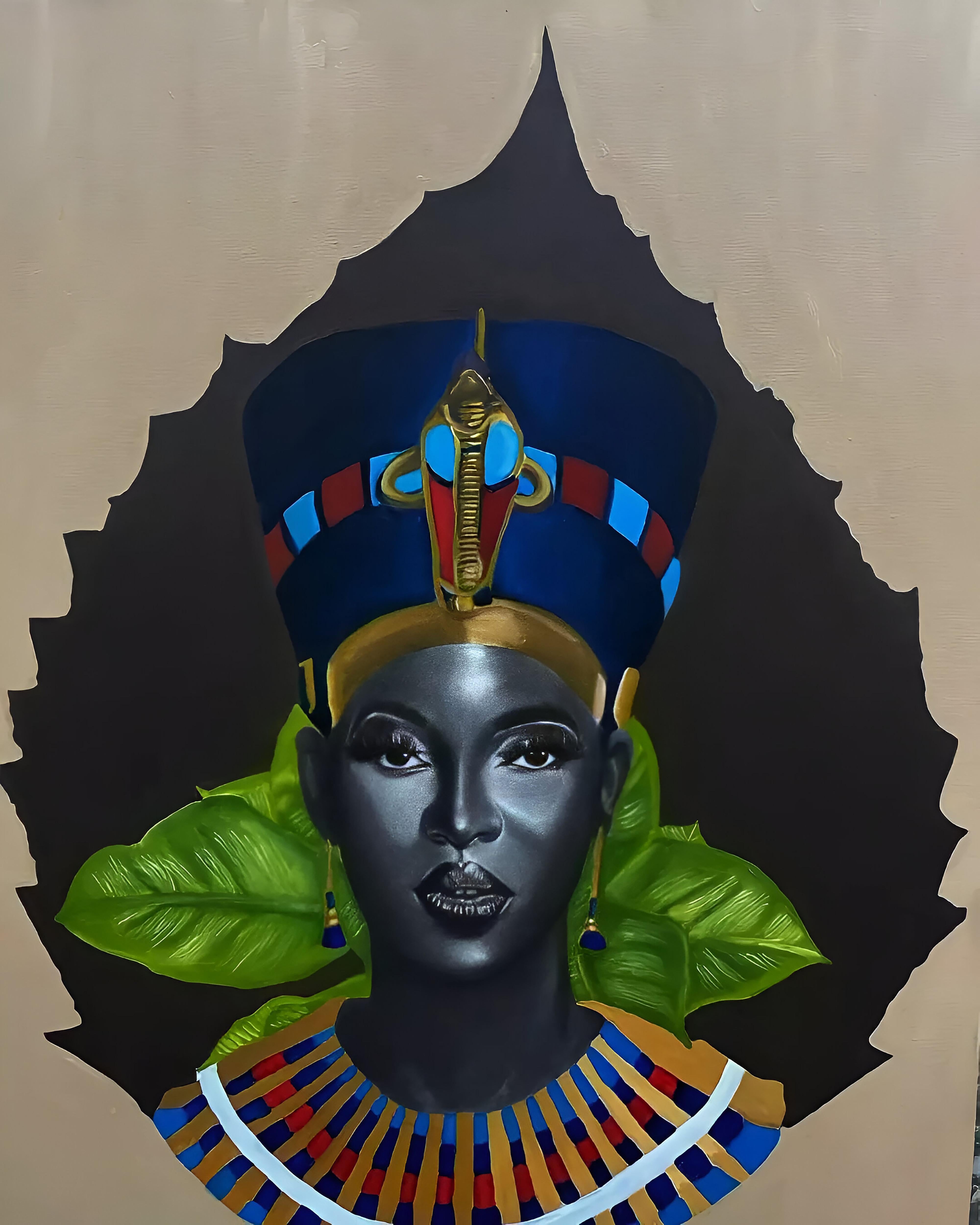 Regal -Siglo XXI, Contemporáneo, Retrato Figurativo, África Mujer, Reina Vida - Mixed Media Art de Ibrahim Omiyera