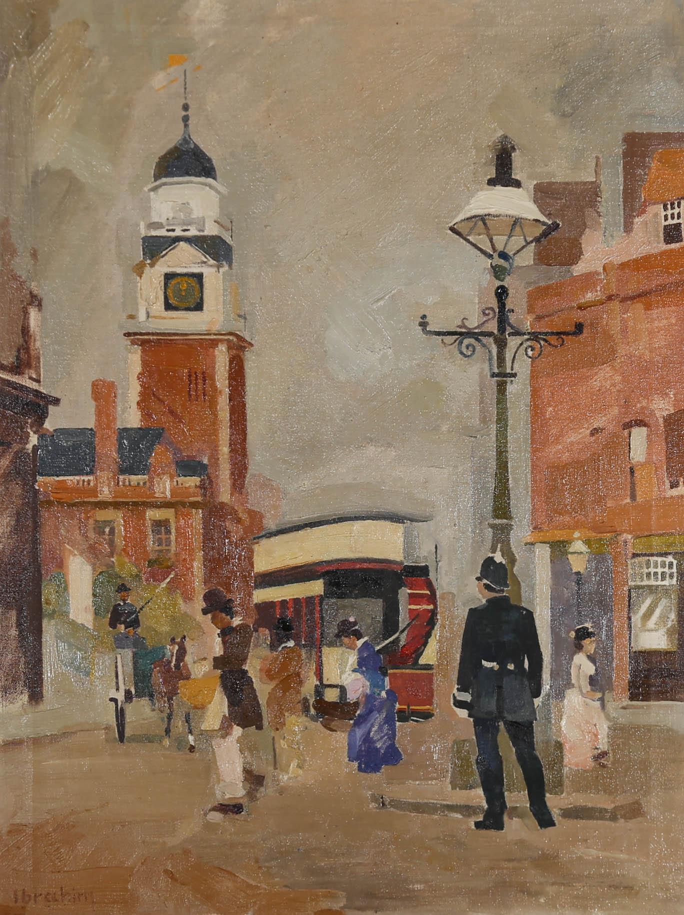A wonderfully bright and energetic street scene, depicting Edwardian figures in the bustling big city. A bus can be seen passing a horse and cart on its way, after dropping off several passengers in this architectural quarter of the city. The