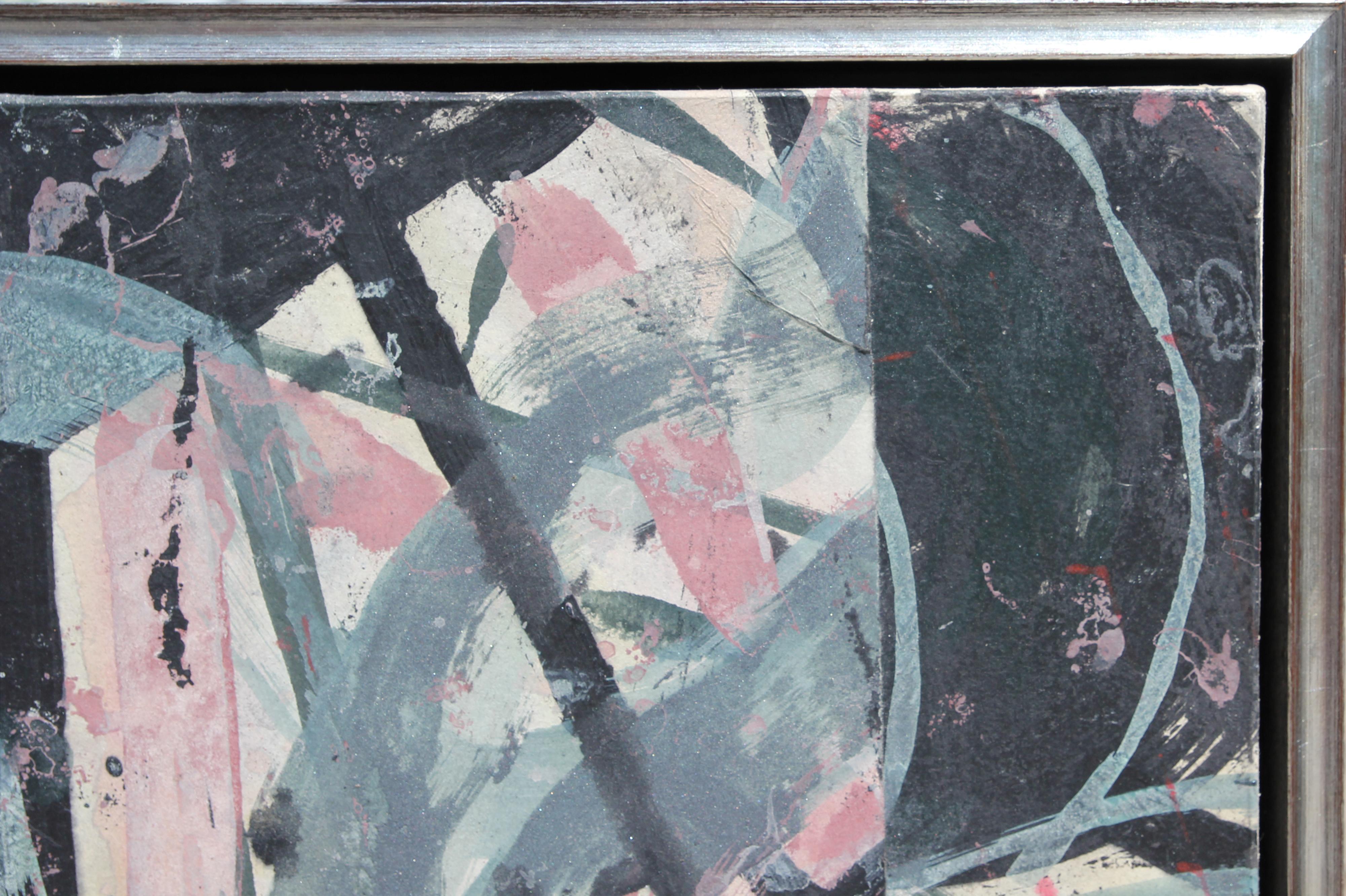 Abstract contemporary mixed media painting by Texas artist, Ibsen Espada. The painting incorporates gestural  strokes of black, grey & mauve and is currently displayed in a silver floating frame. The piece is signed and titled on the back of the