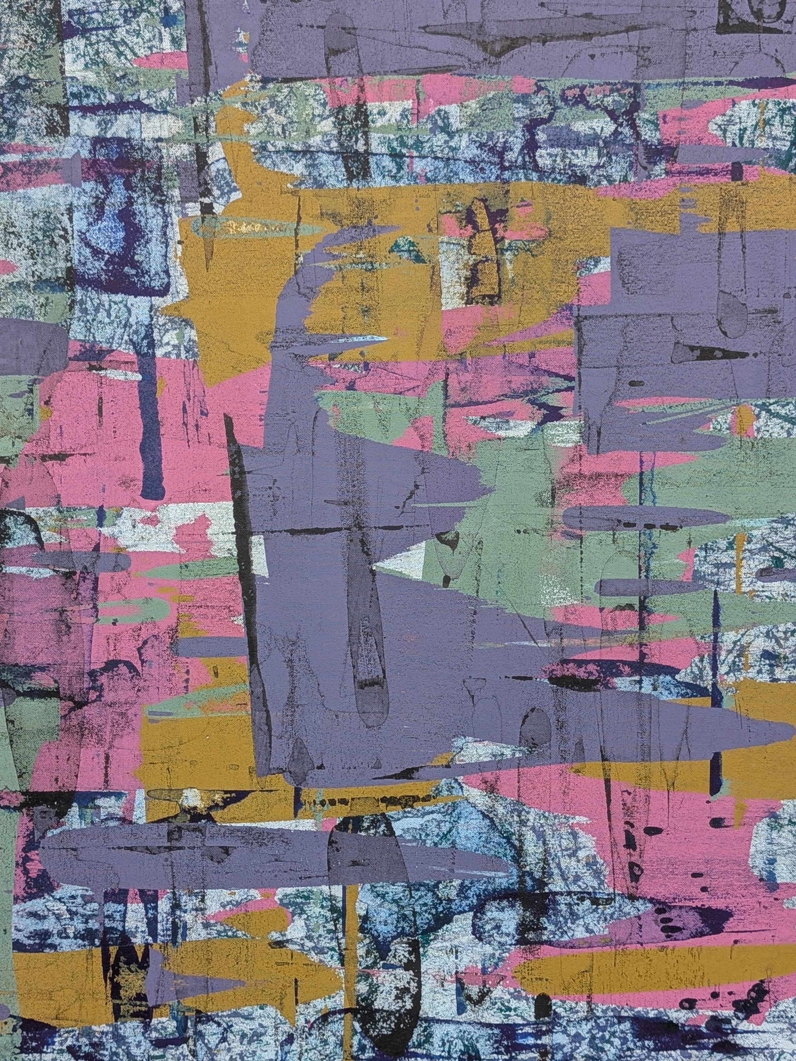 Pintura abstracta contemporánea de colores púrpura, rosa y amarillo del artista tejano Ibsen Espada. La obra presenta campos gestuales de colores superpuestos acentuados por franjas negras que crean una cuadrícula abstracta. Firmado, titulado y