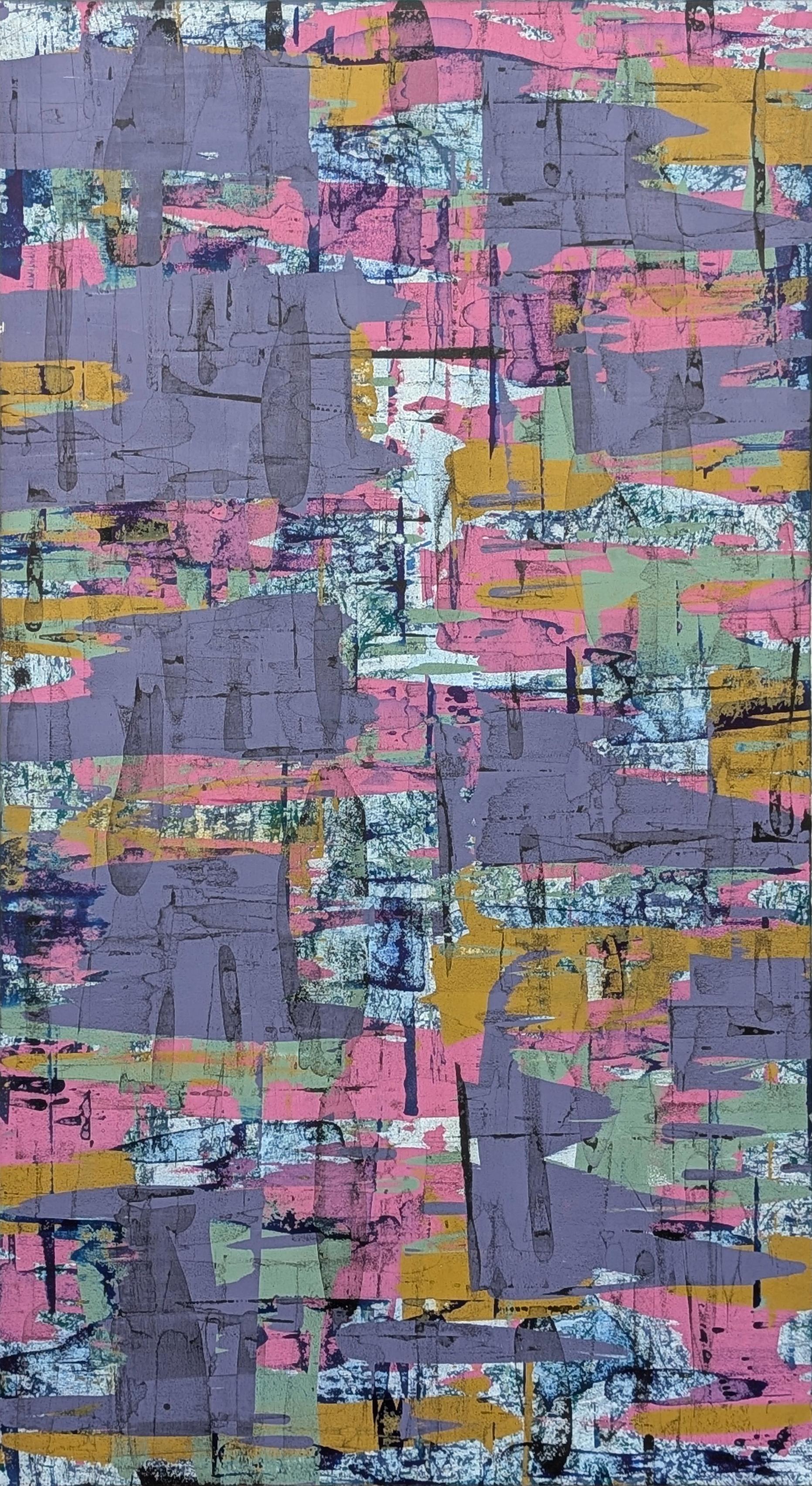 Abstract Painting de Ibsen Espada - "Grid Lock" Pintura abstracta contemporánea de colores púrpura, rosa y amarillo