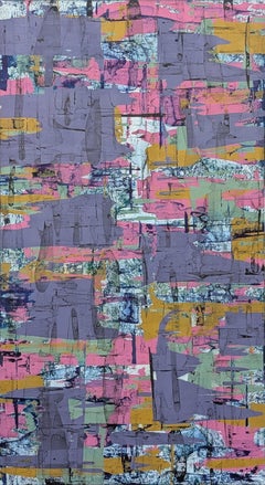 "Grid Lock" Pintura abstracta contemporánea de colores púrpura, rosa y amarillo