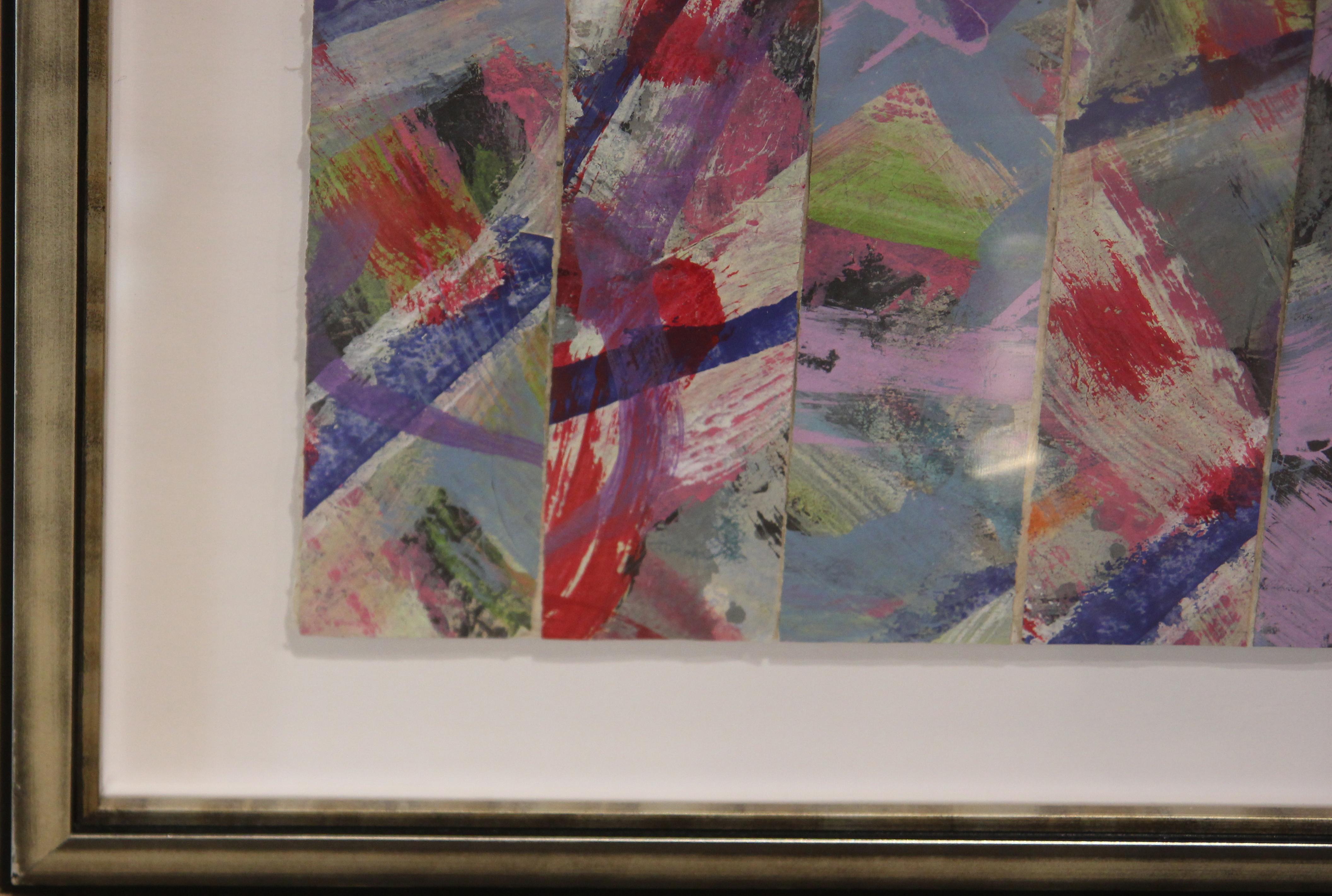 Abstract gestural pink and red woven mixed media painting by Texas artist, Ibsen Espada. The painting incorporates gestural strokes of pink, red, blue, and green. Currently it is displayed floating behind glass in a silver frame.

Dimensions Without