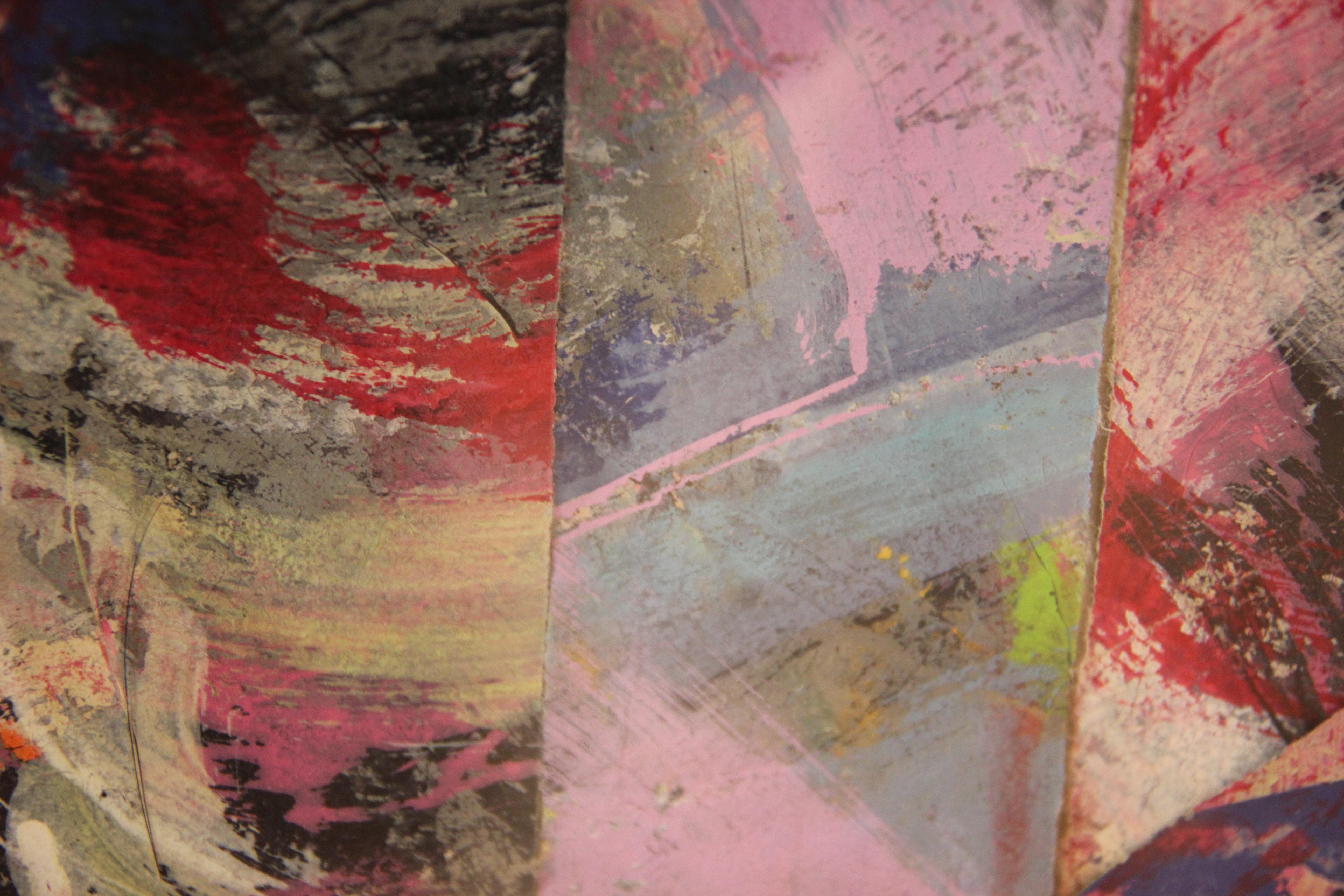 Untitled Abstract Contemporary Gestural Pink and Red Woven Mixed Media Painting 3
