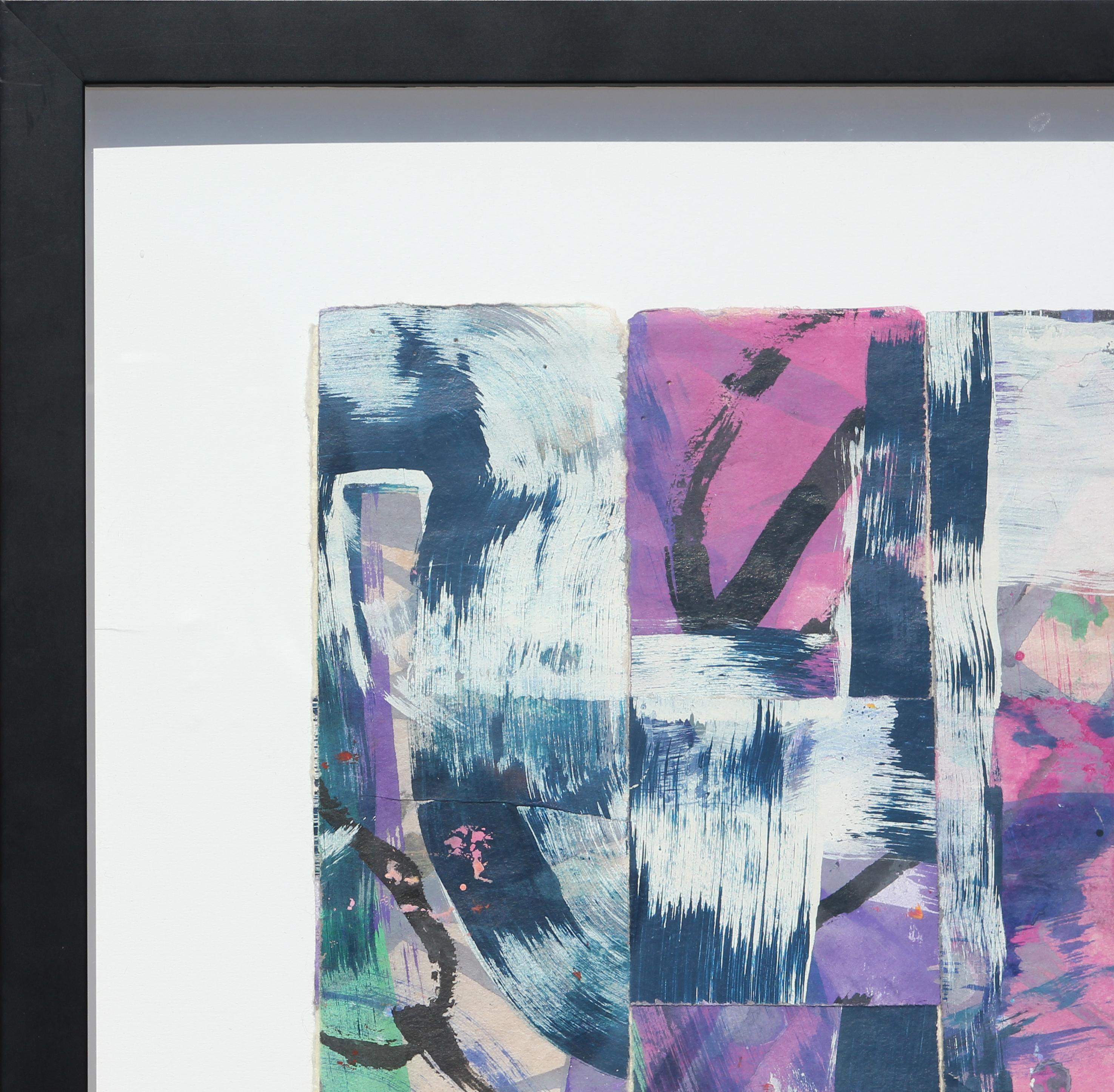 Abstract gestural pink and purple woven mixed media painting by Texas artist, Ibsen Espada. The painting incorporates gestural strokes of purple, blue, white, and green. Currently it is displayed floating behind glass in a black frame.

Dimensions