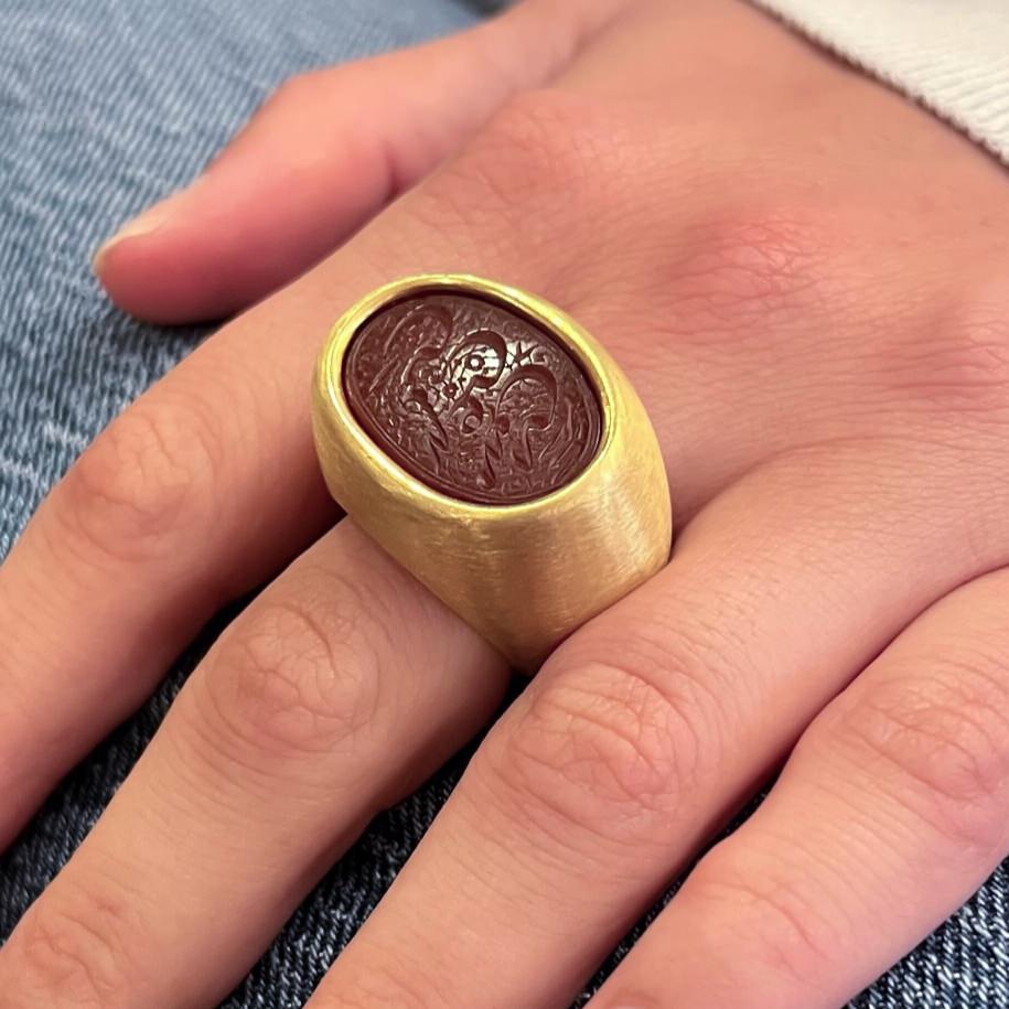 da uomo o donna IBU Anello d'oro con incisione in corniola 